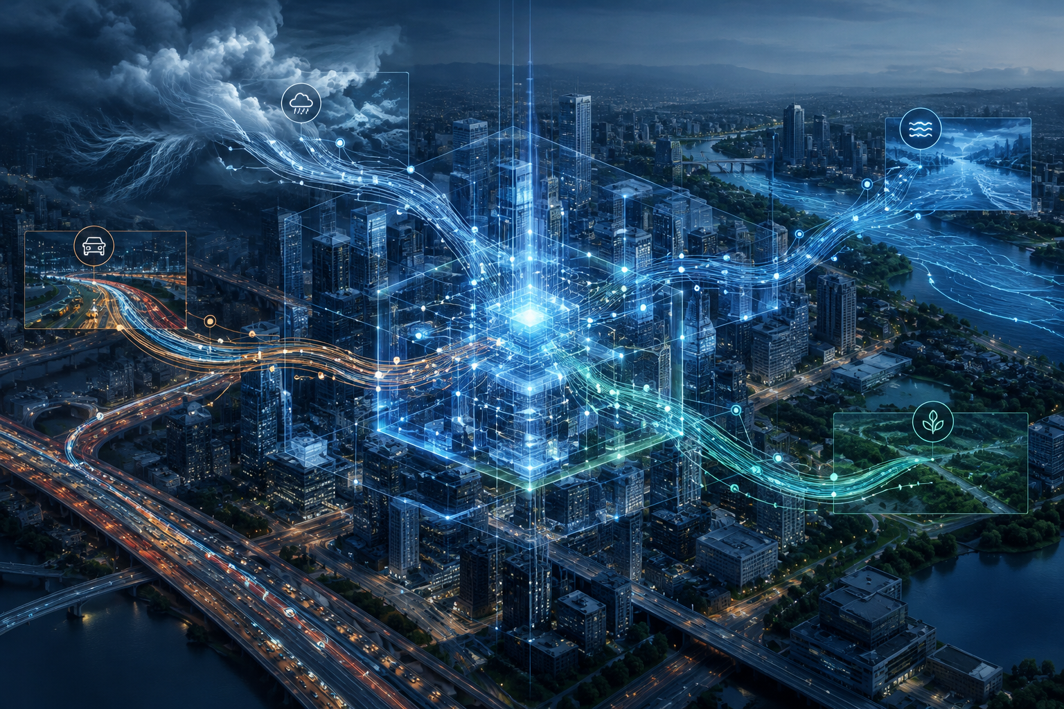 Abstract illustration of a centralized digital network integrating various urban data streams like traffic, weather, and flood monitoring within a city framework.