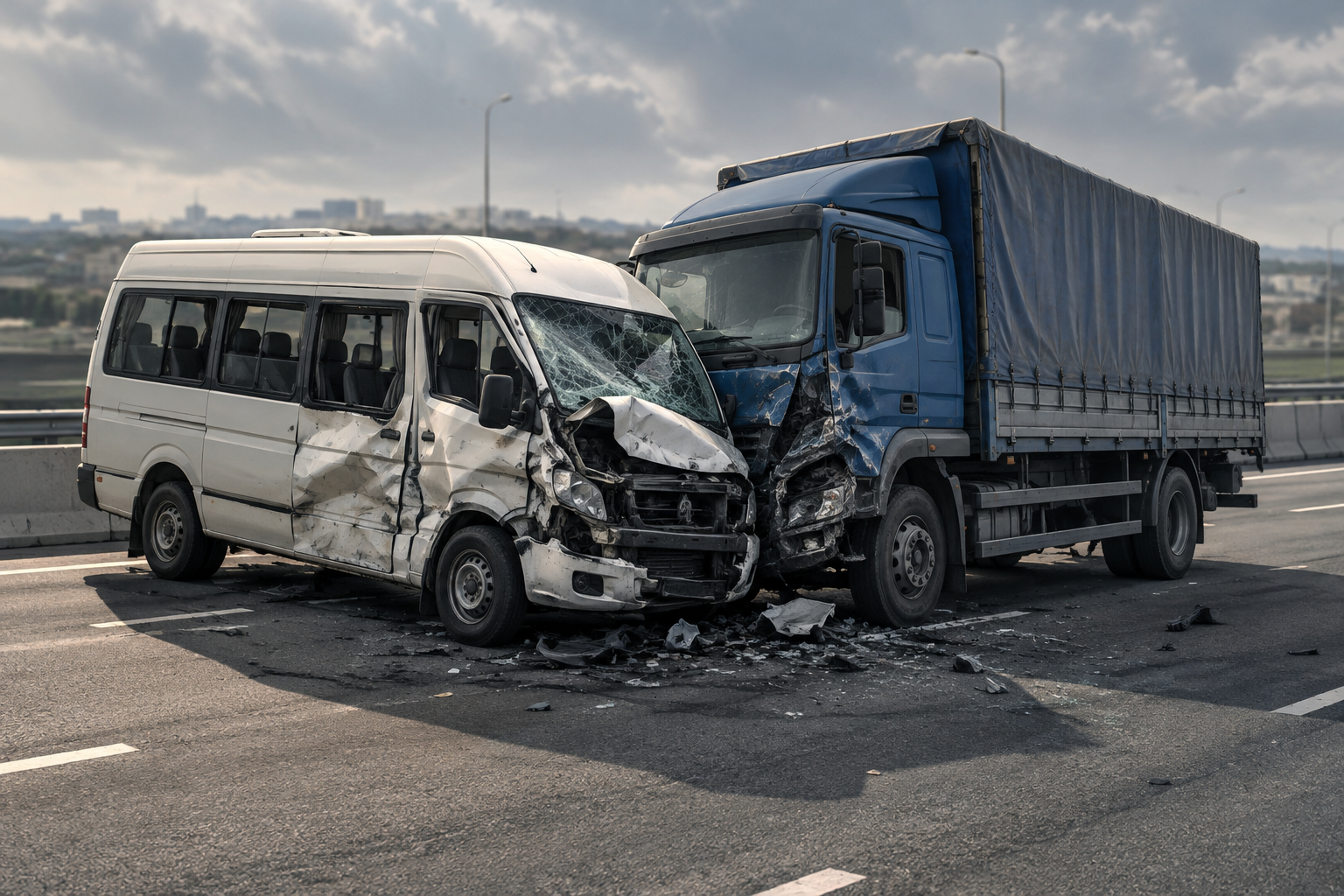 Conceptual illustration of a minibus and a goods truck at a highway collision site.