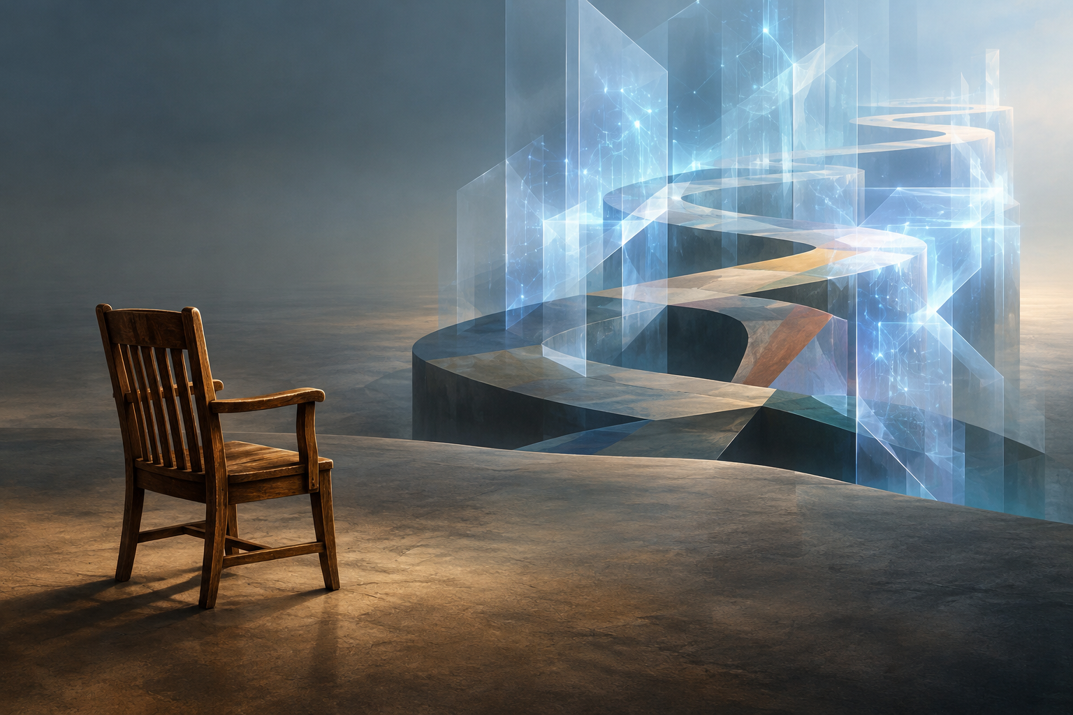 Conceptual illustration of a winding career path intersected by abstract, crystalline forms, set against a minimalist backdrop with a solitary chair.