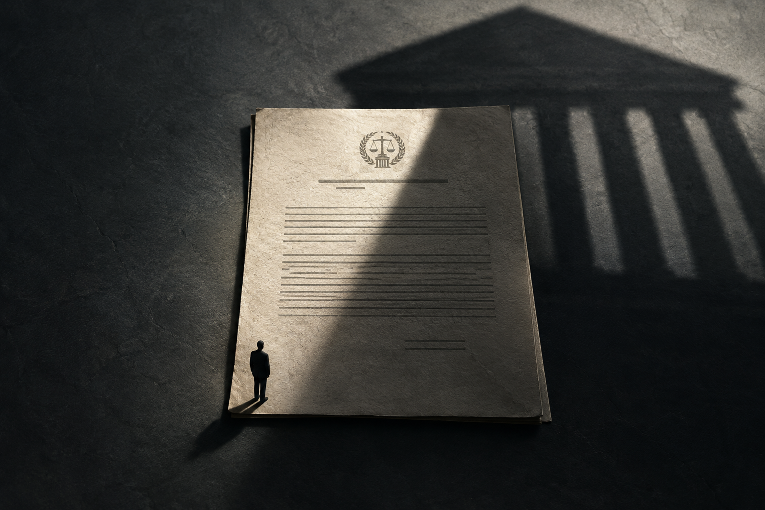 Conceptual illustration of a legal document under the shadow of institutional authority.