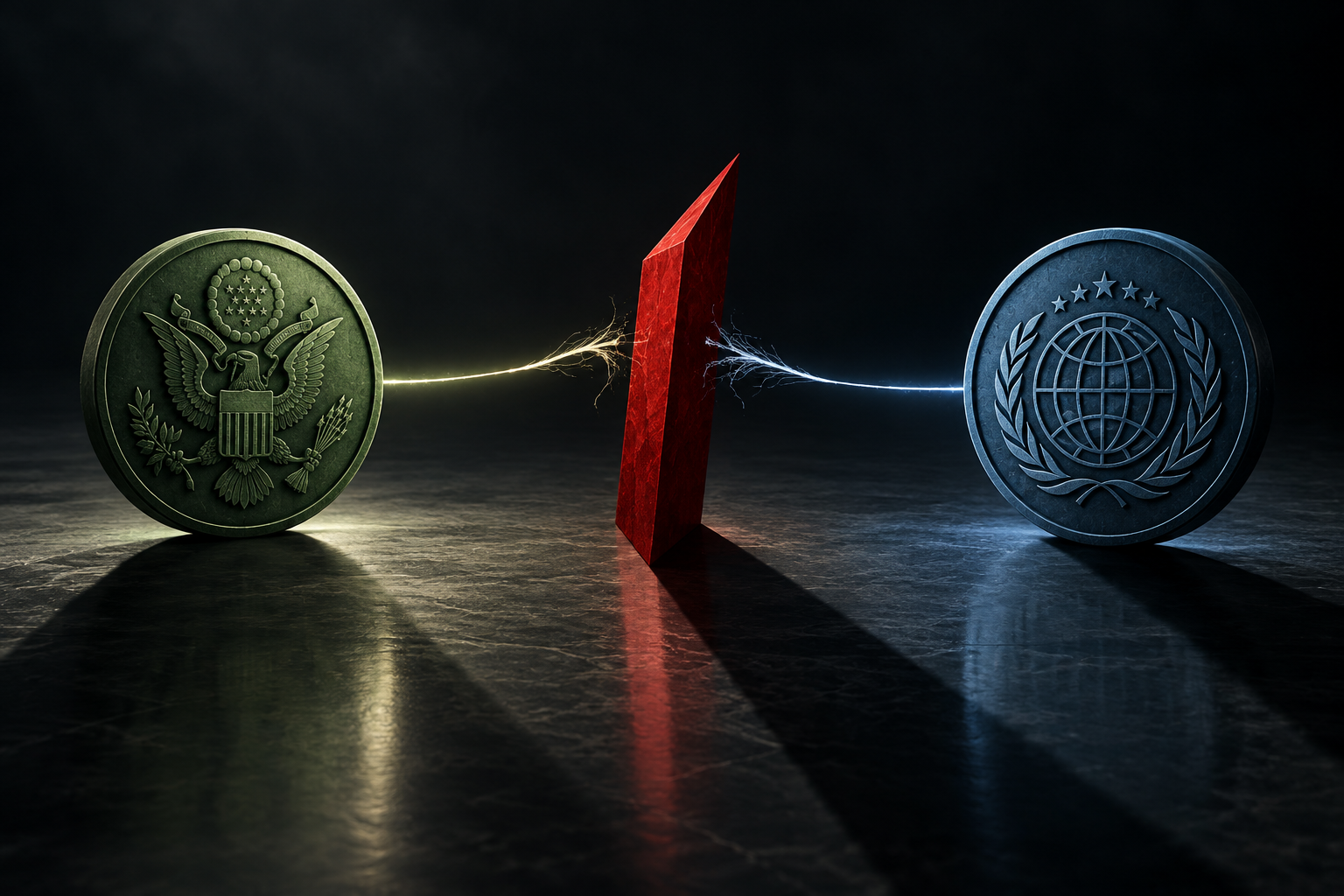 A conceptual illustration depicting diplomatic tension between two stylized government seals separated by a fractured line of light.