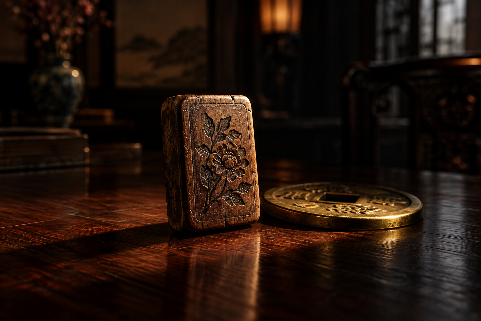 A close-up, dramatic illustration of a single, aged mahjong tile and a brass coin on a dark wooden surface.