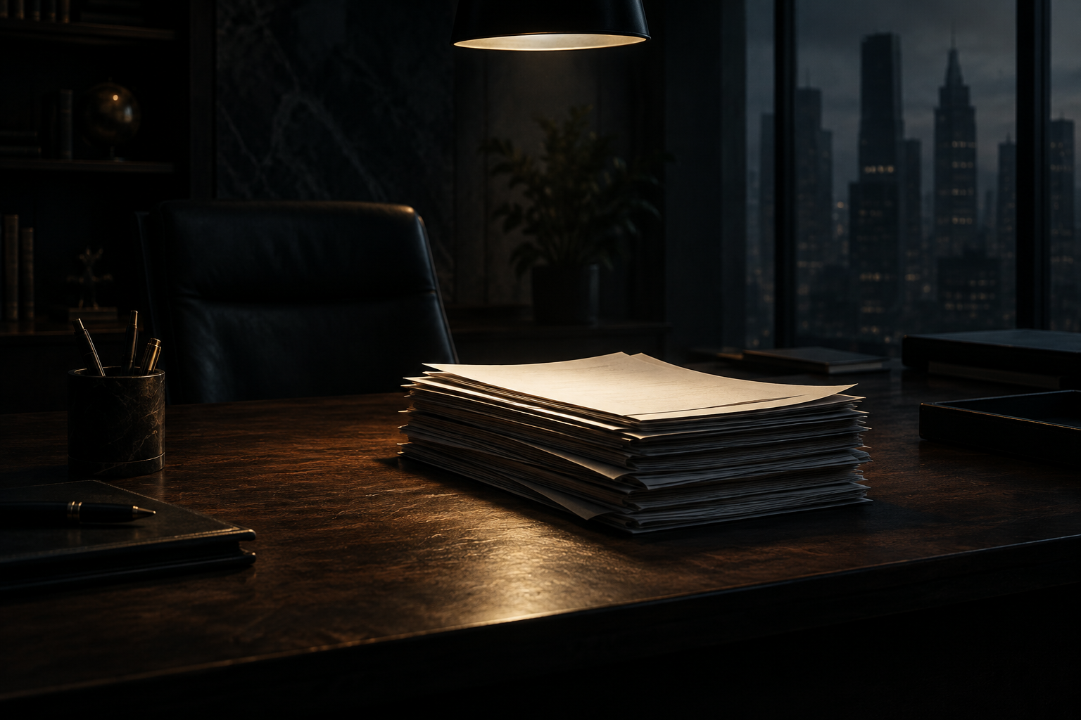 A conceptual illustration of official documents resting on a dark wooden desk under focused, dramatic lighting in a shadowed office.