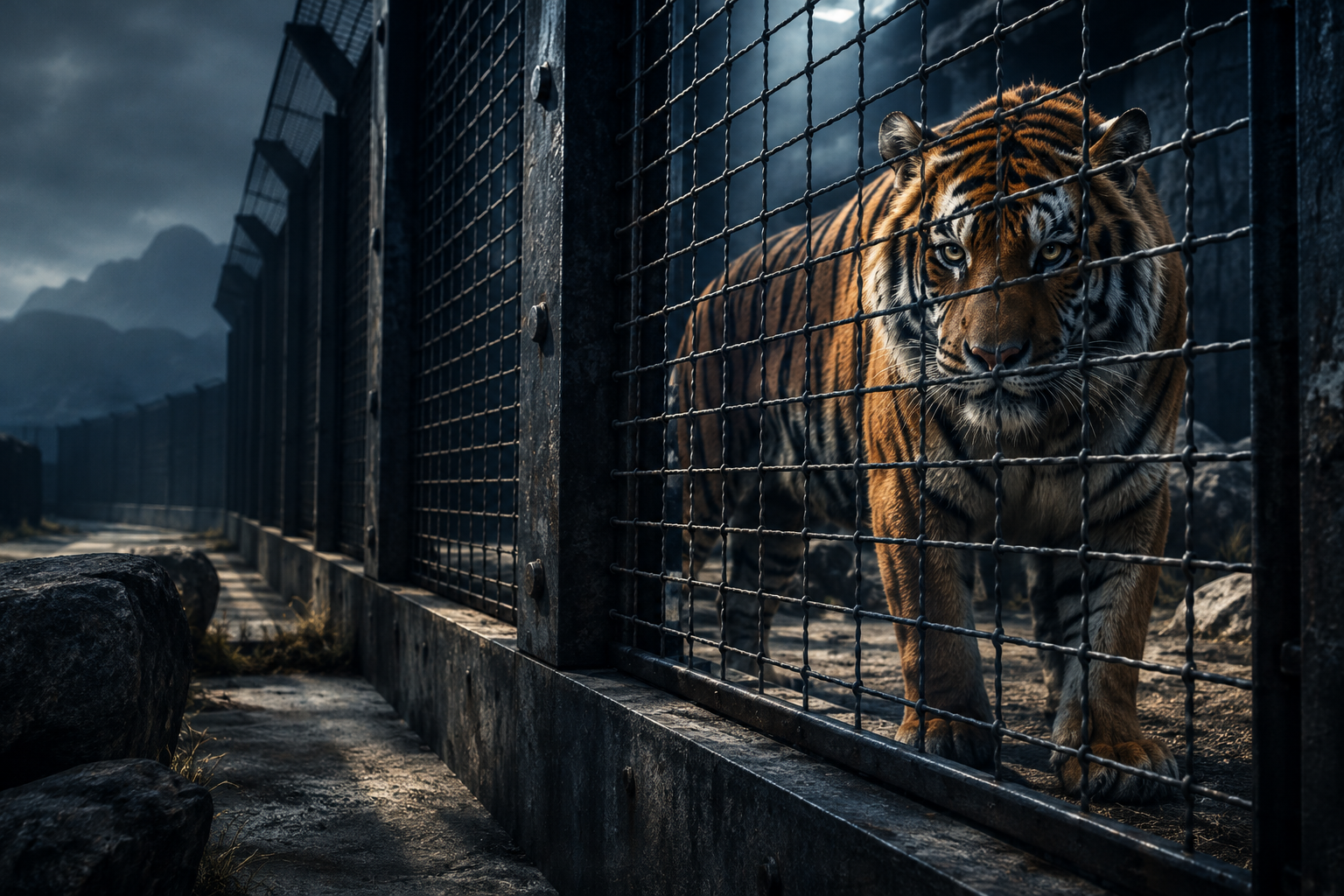 Editorial illustration depicting a large tiger within a heavily secured enclosure, emphasizing the boundary between wild nature and containment.