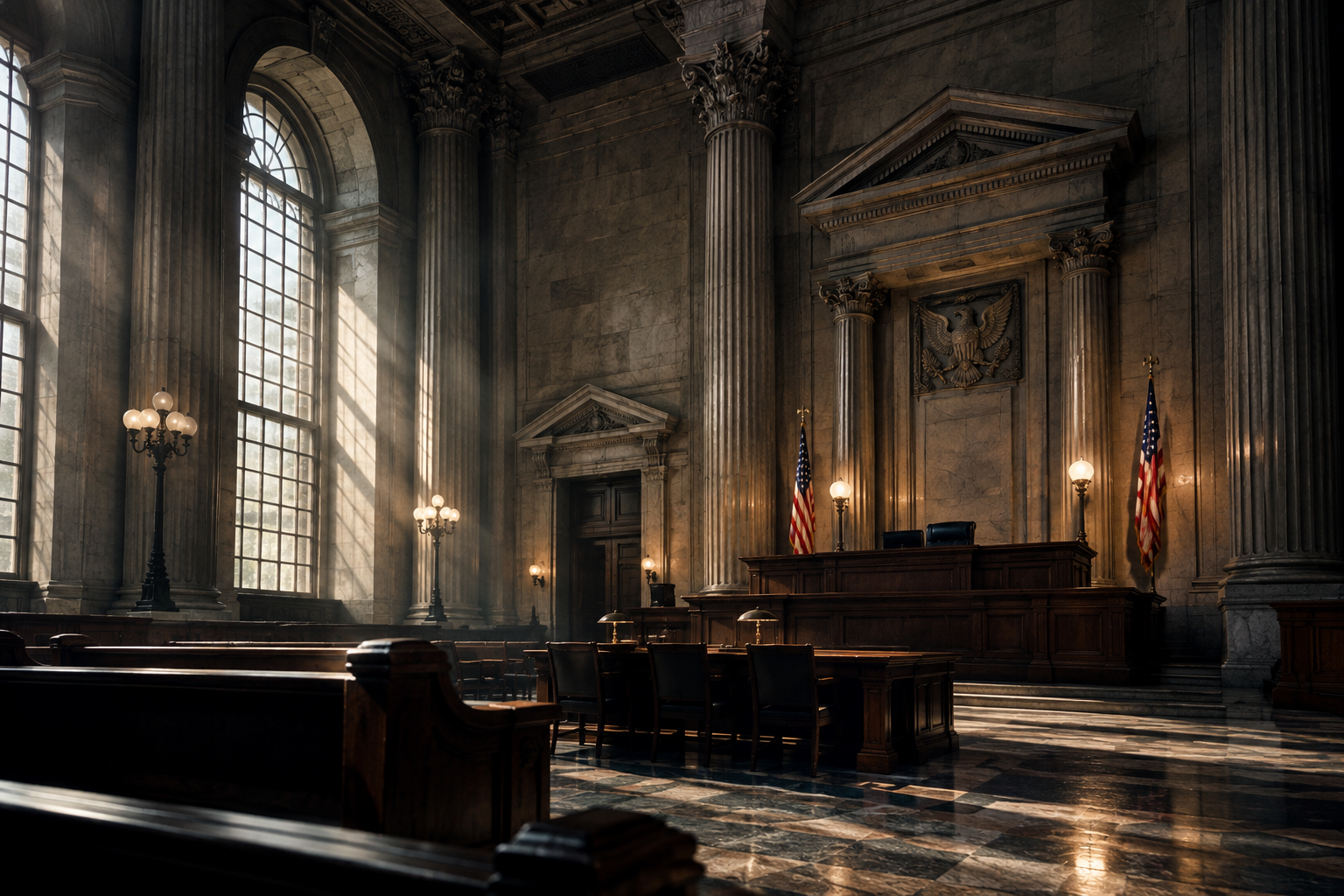 An editorial illustration of a grand, solemn courthouse interior with dramatic lighting.