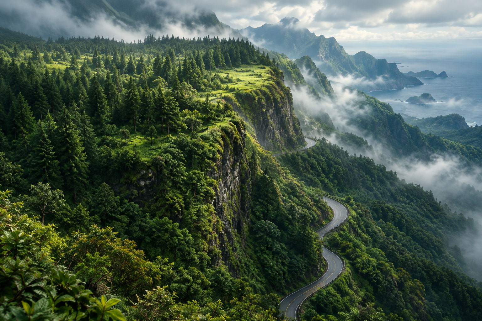 A winding road cuts through steep, lush, green mountainous terrain on a misty island.