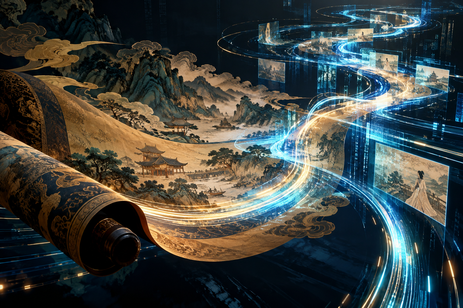 An abstract illustration showing traditional Chinese cultural patterns merging with glowing digital data streams, symbolizing the integration of culture and AI in modern media.