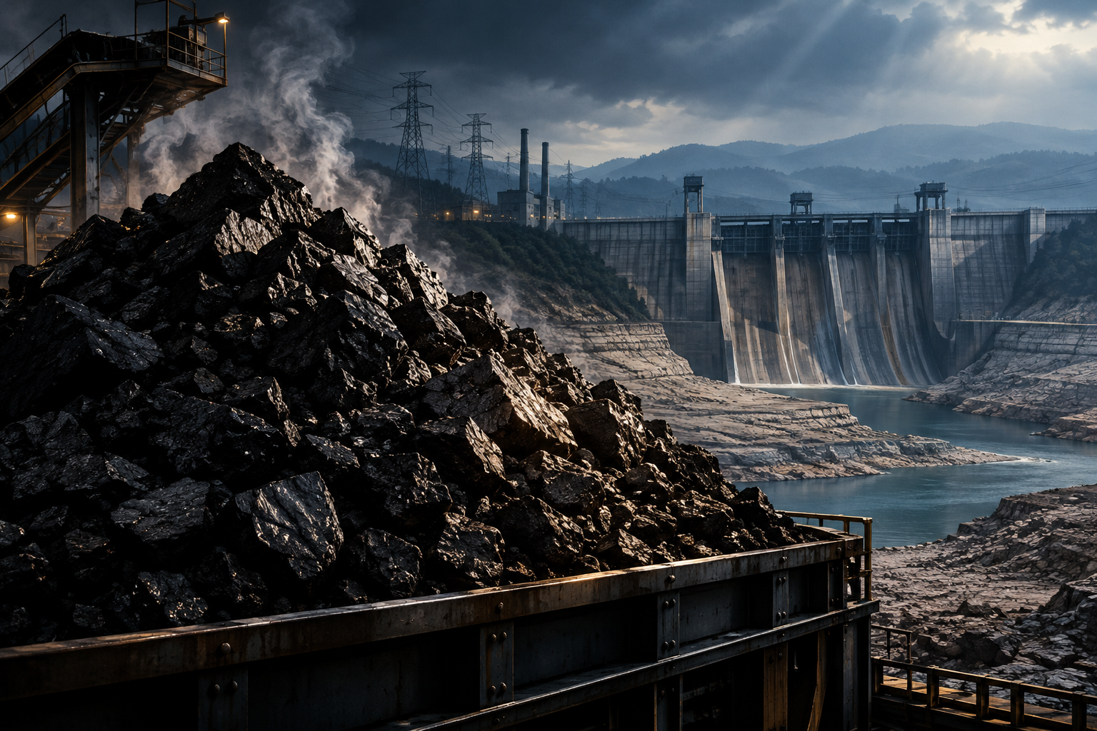 Editorial illustration showing a large pile of coal against a backdrop of a diminished hydroelectric dam, symbolizing energy shortages.