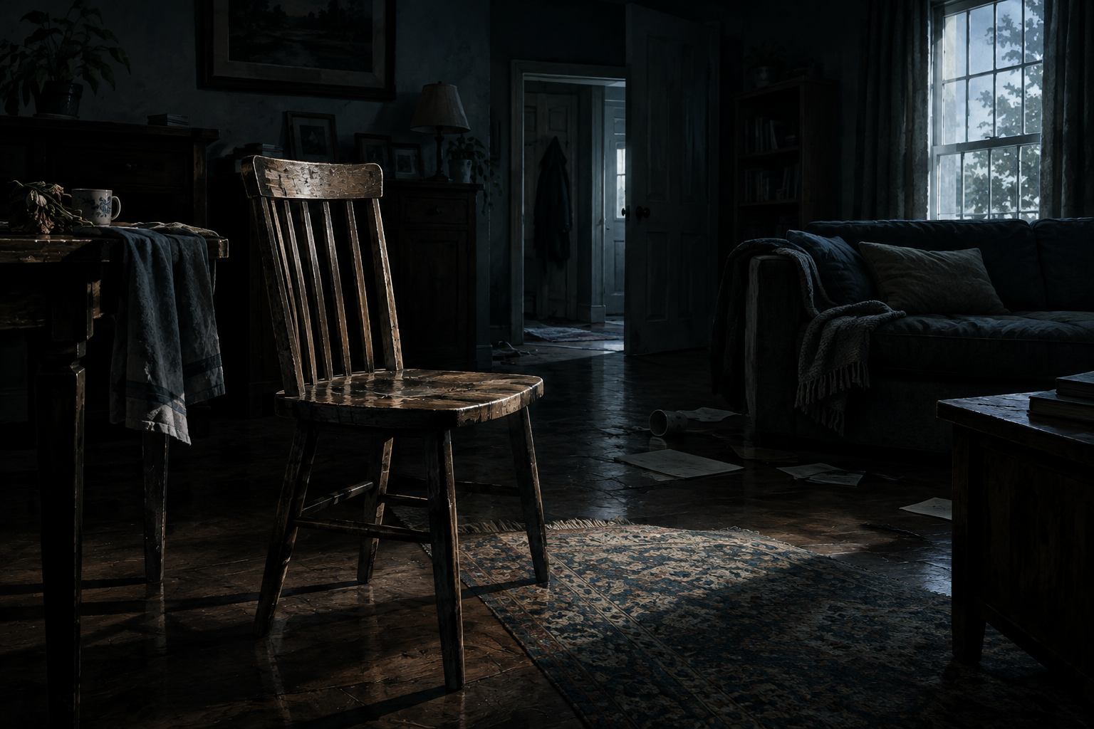 A somber editorial illustration of a quiet, dimly lit residential interior, focusing on a single piece of furniture in the aftermath of a domestic incident.