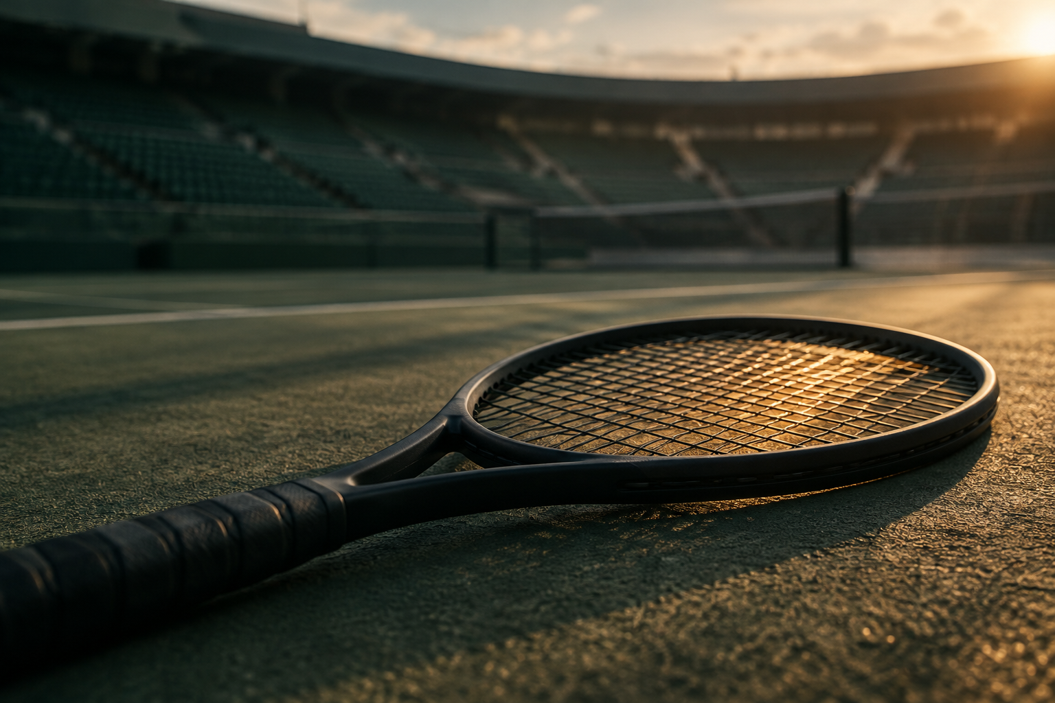 A professional tennis racket rests on a textured court surface under focused sunlight, symbolizing a pause in competition.