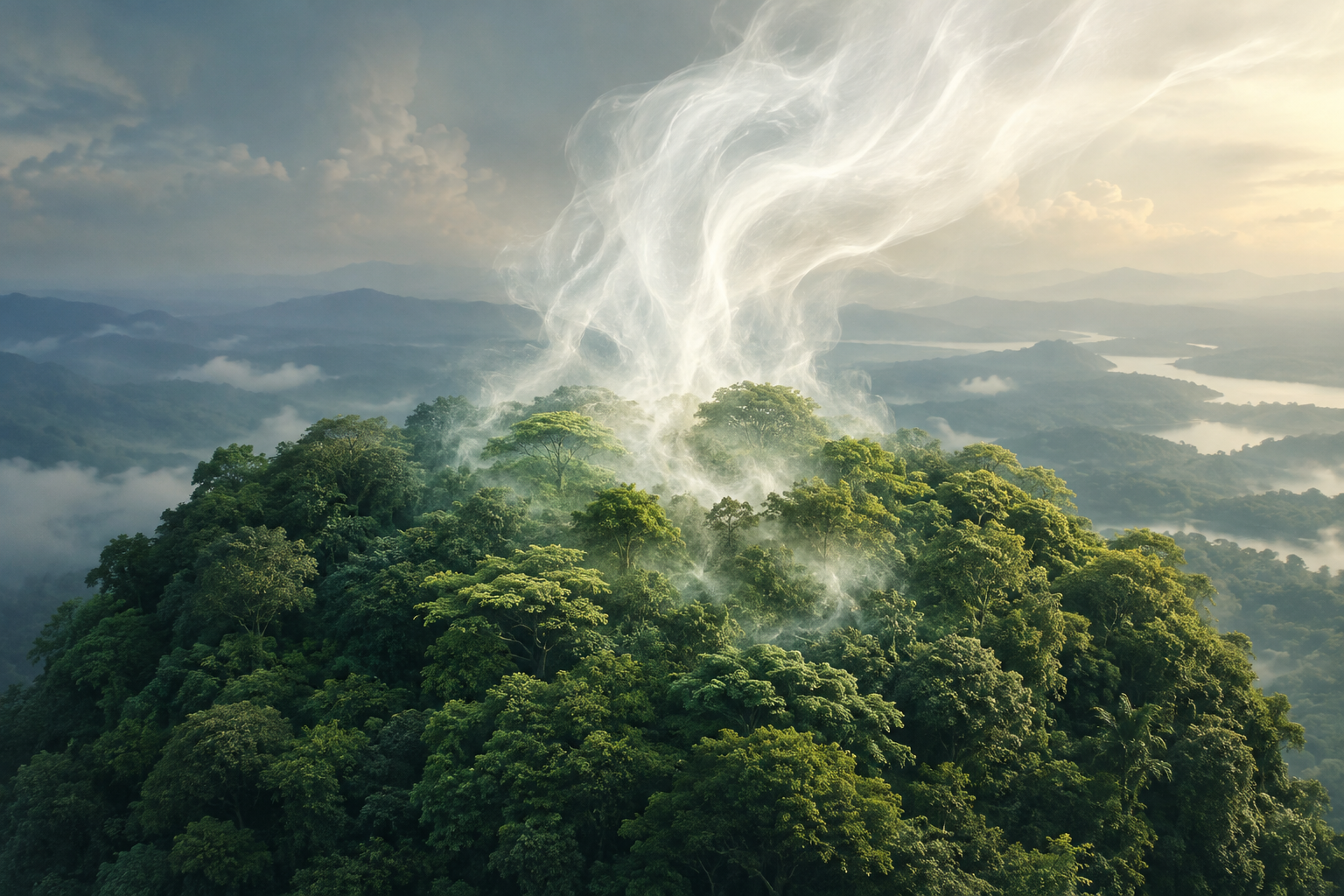 Conceptual illustration of a dense forest canopy releasing luminous, pure vapor into the atmosphere.