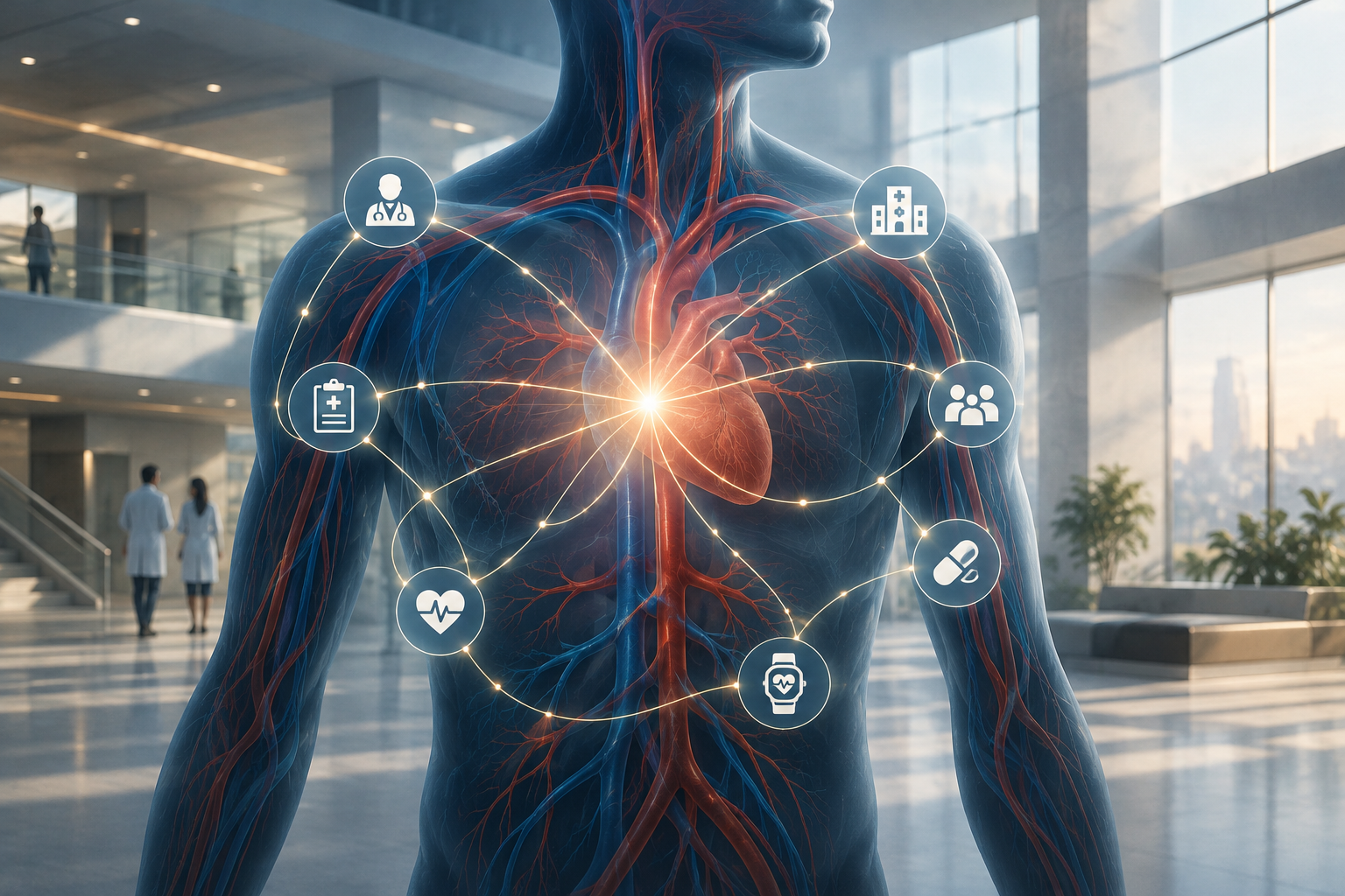 An abstract illustration symbolizing preventative healthcare through a government co-care scheme, showing a glowing network interacting with a stylized human circulatory system.