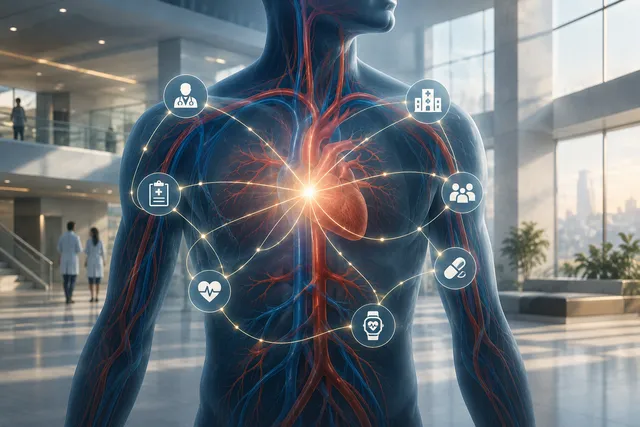 An abstract illustration symbolizing preventative healthcare through a government co-care scheme, showing a glowing network interacting with a stylized human circulatory system.