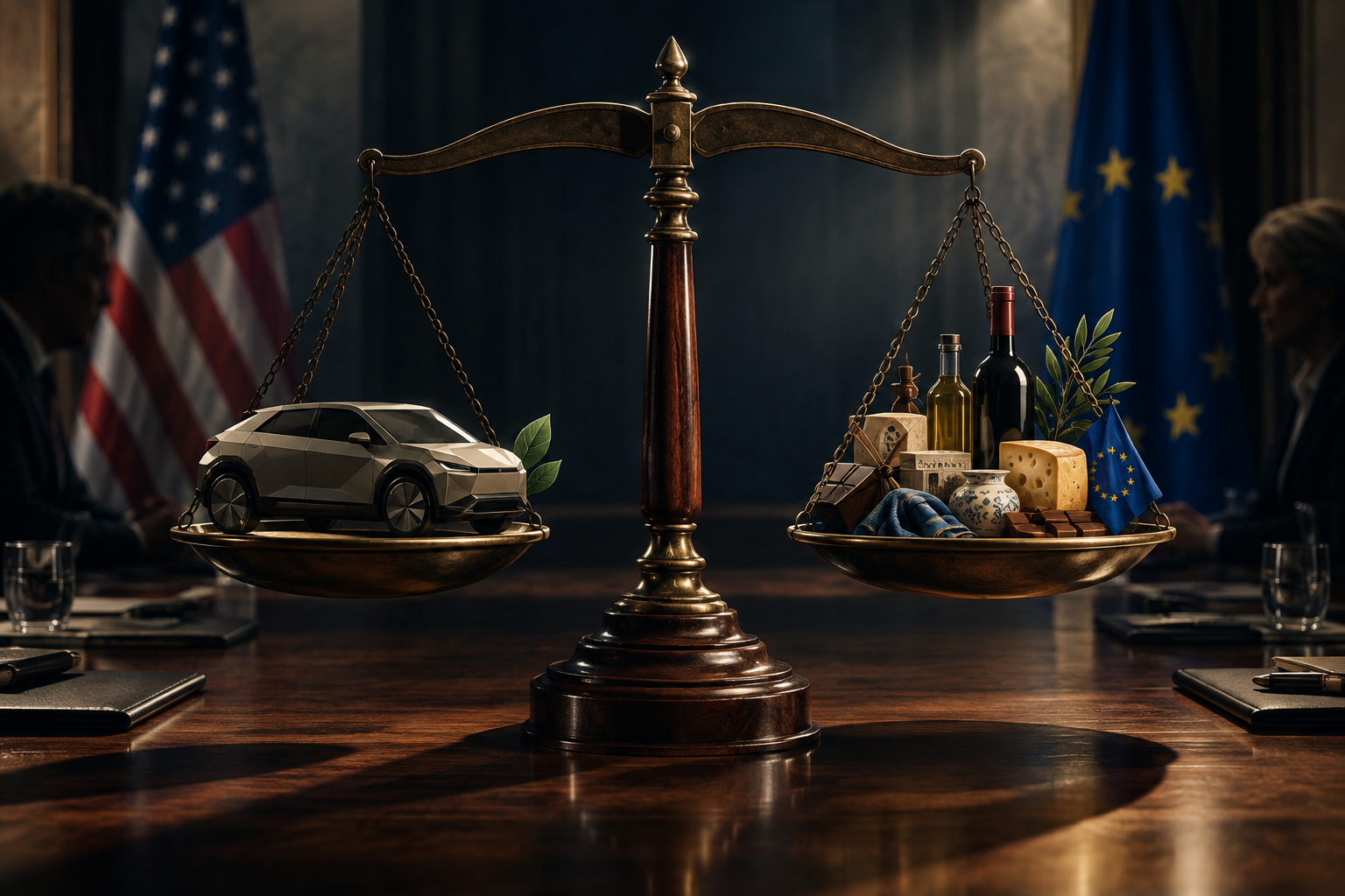 Editorial illustration of a balanced scale representing a trade agreement between China and the EU, featuring stylized representations of vehicles and goods.