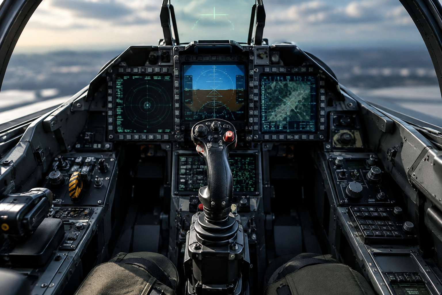 Editorial illustration of a fighter jet cockpit interior with focused instrumentation.