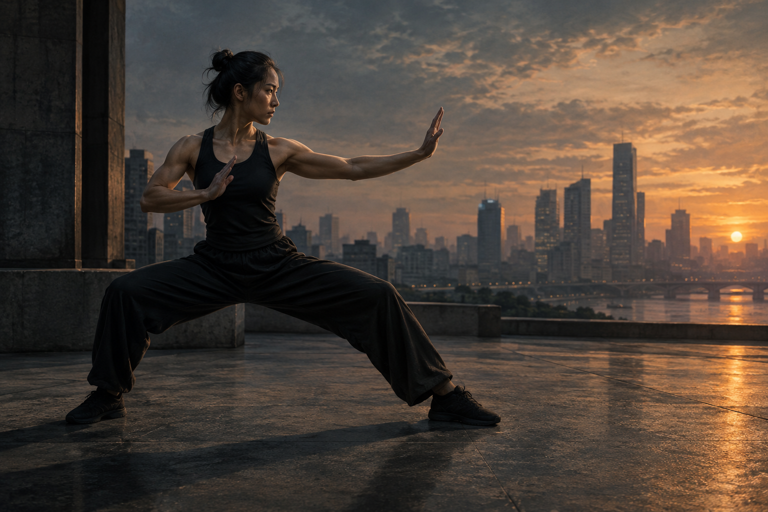 A dynamic illustration of a martial arts figure in a poised stance within a subtly textured urban setting, emphasizing strength and grace.