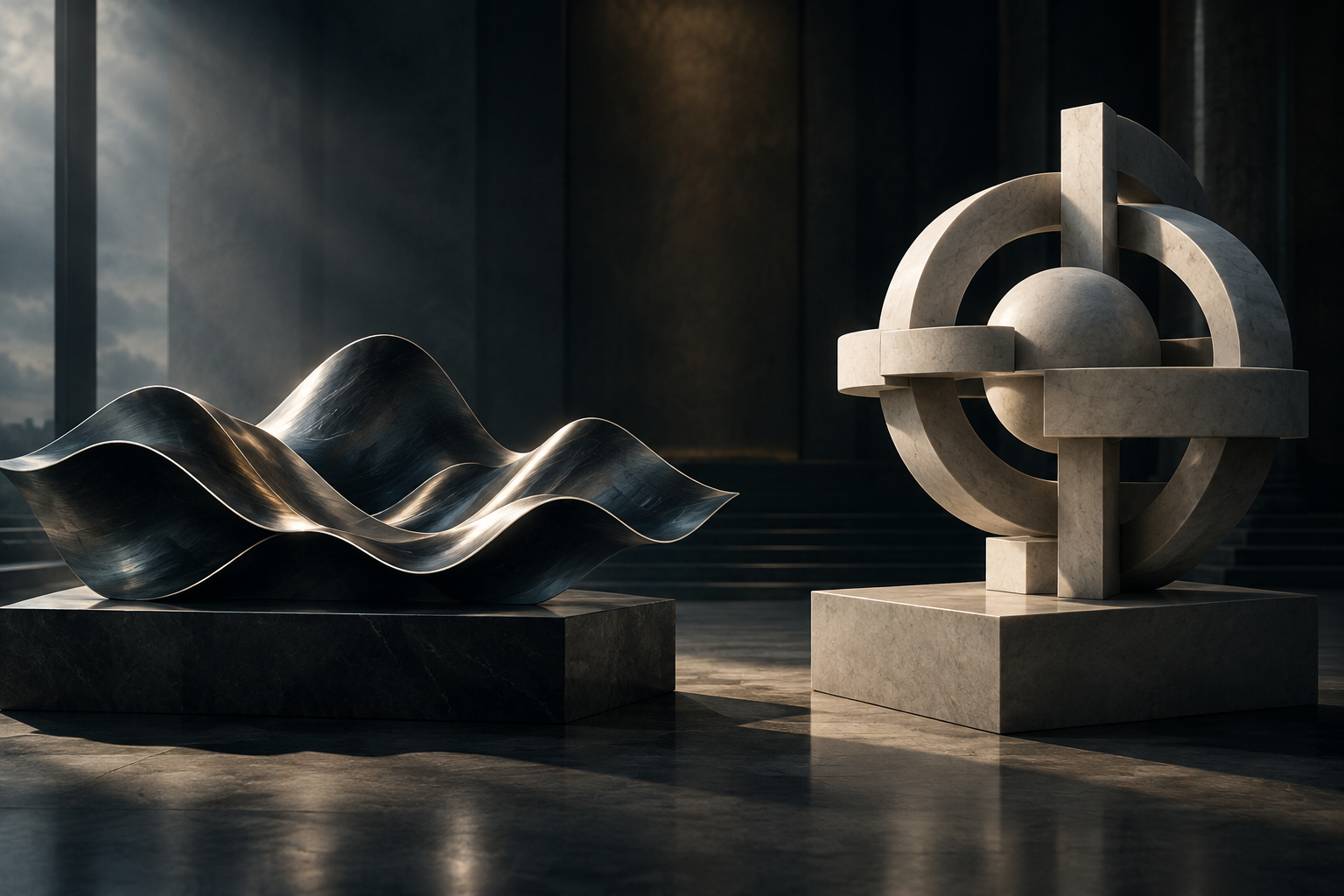 Abstract illustration of economic stabilization concepts using geometric forms and polished materials.