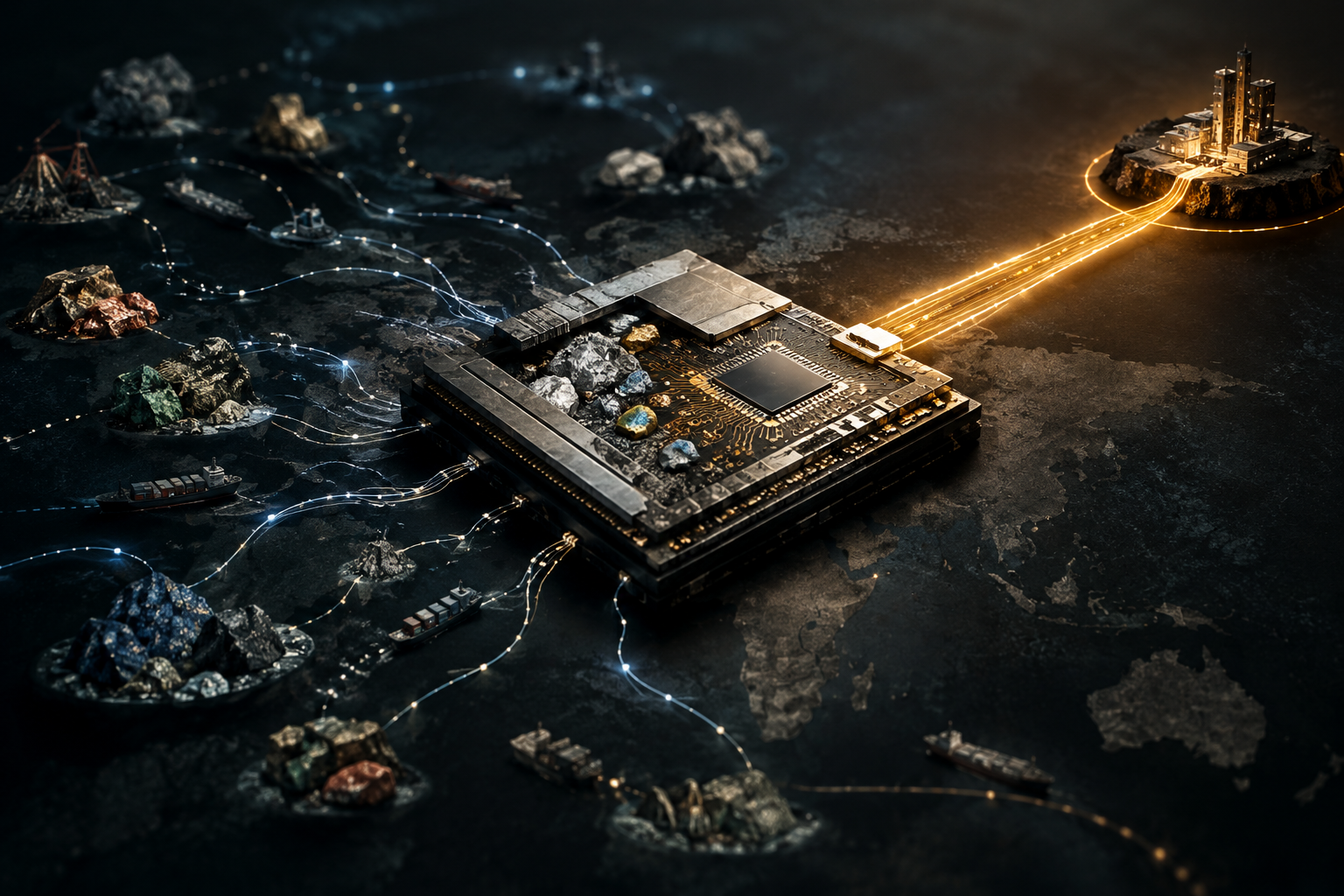 Editorial illustration depicting the complex and vulnerable structure of a global chip supply chain, highlighting dependency on rare earth elements.