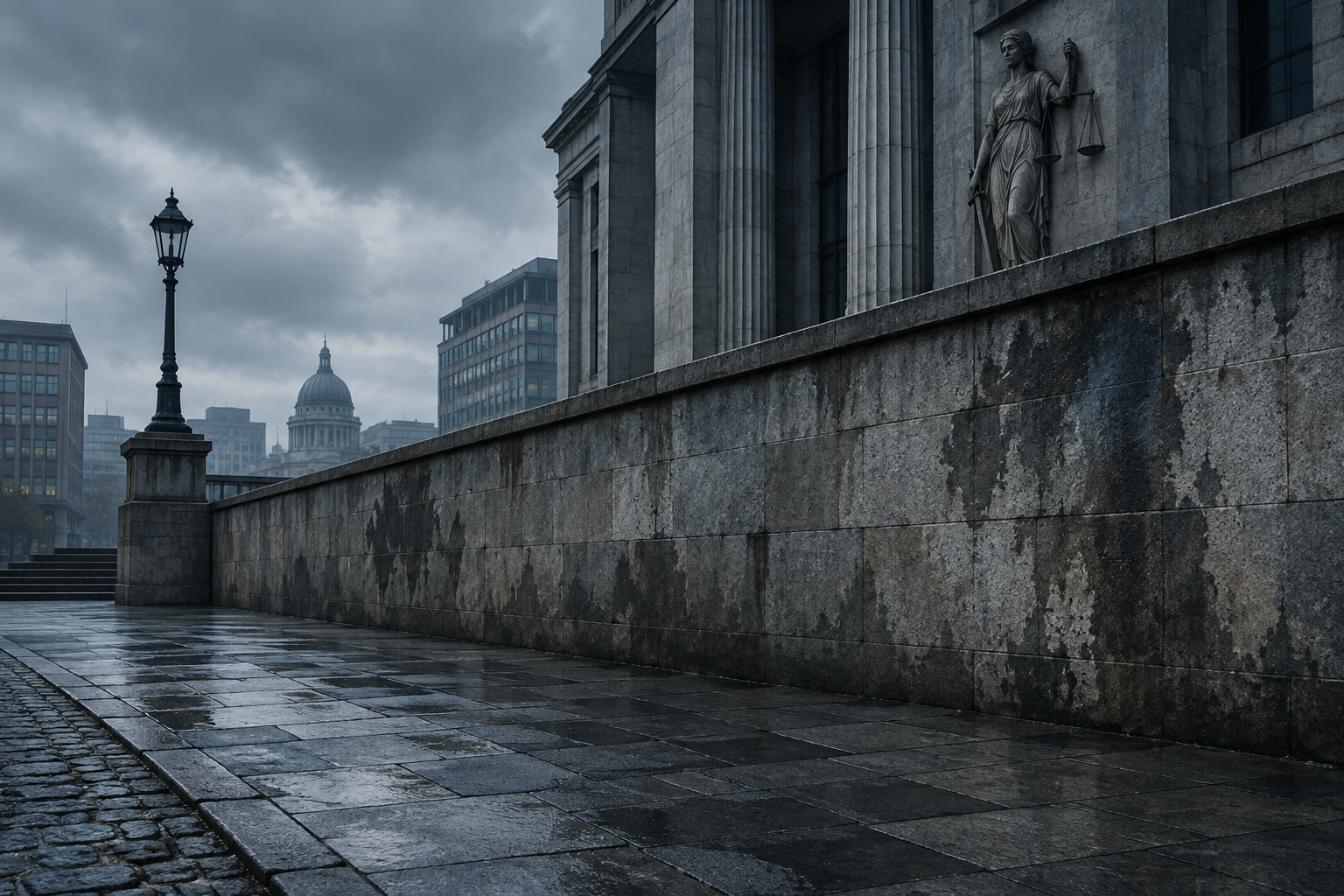 A somber, wide-angle editorial illustration of a muted, urban street setting with a textured stone wall, emphasizing the gravity of a legal case.
