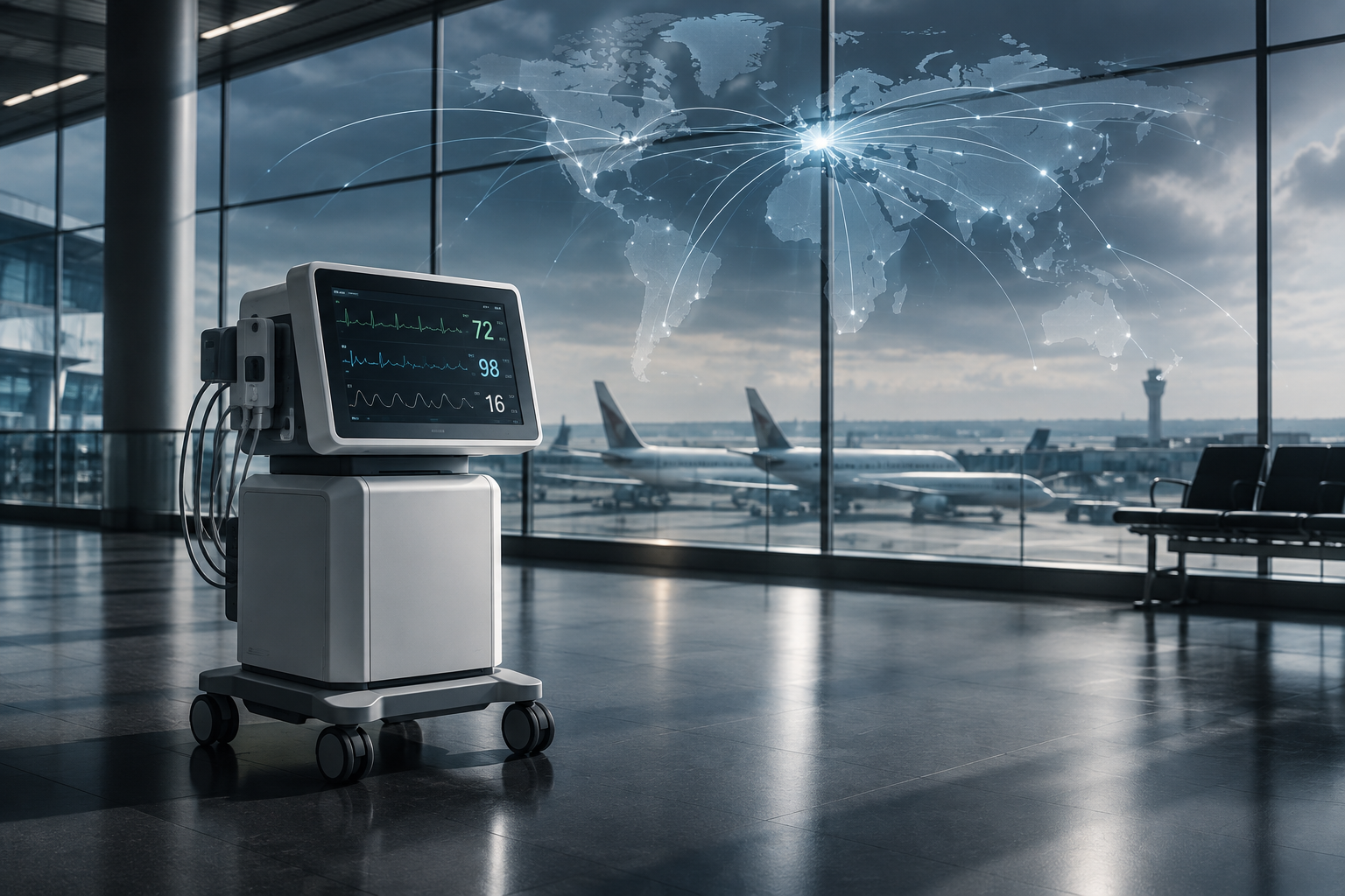 Editorial illustration depicting heightened health surveillance through abstract airport elements and medical monitoring equipment.