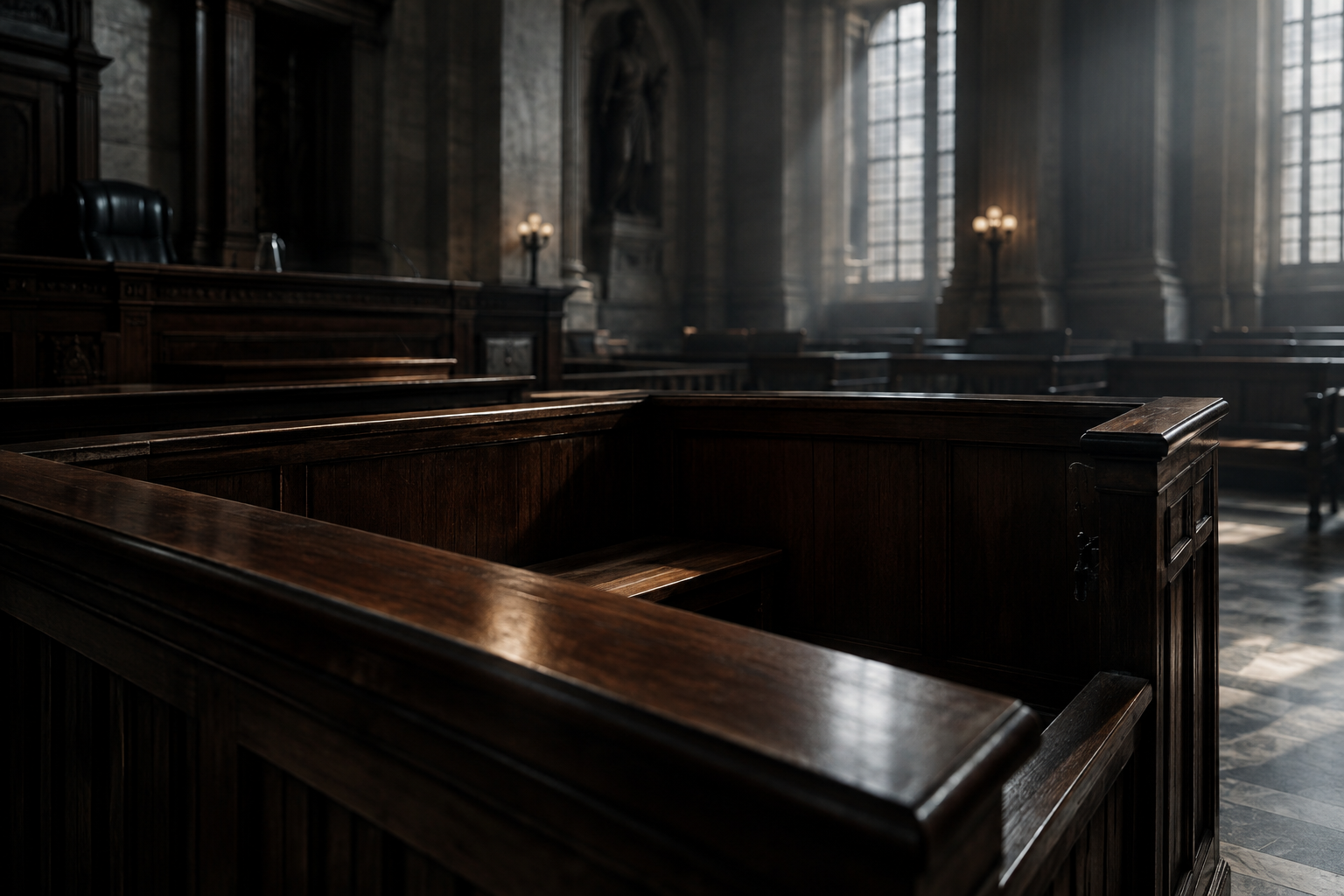 A dramatic, wide-screen editorial illustration focusing on the empty, imposing wooden dock within a solemn, shadowed courtroom.
