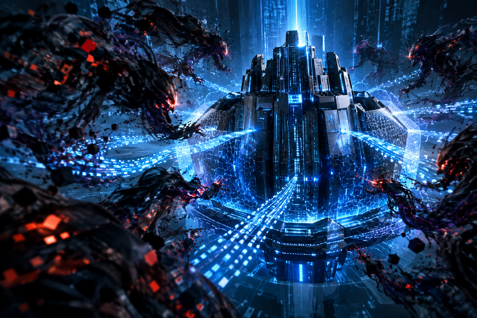 Conceptual illustration of advanced digital defenses countering abstract, encroaching digital threats with organized data patterns.