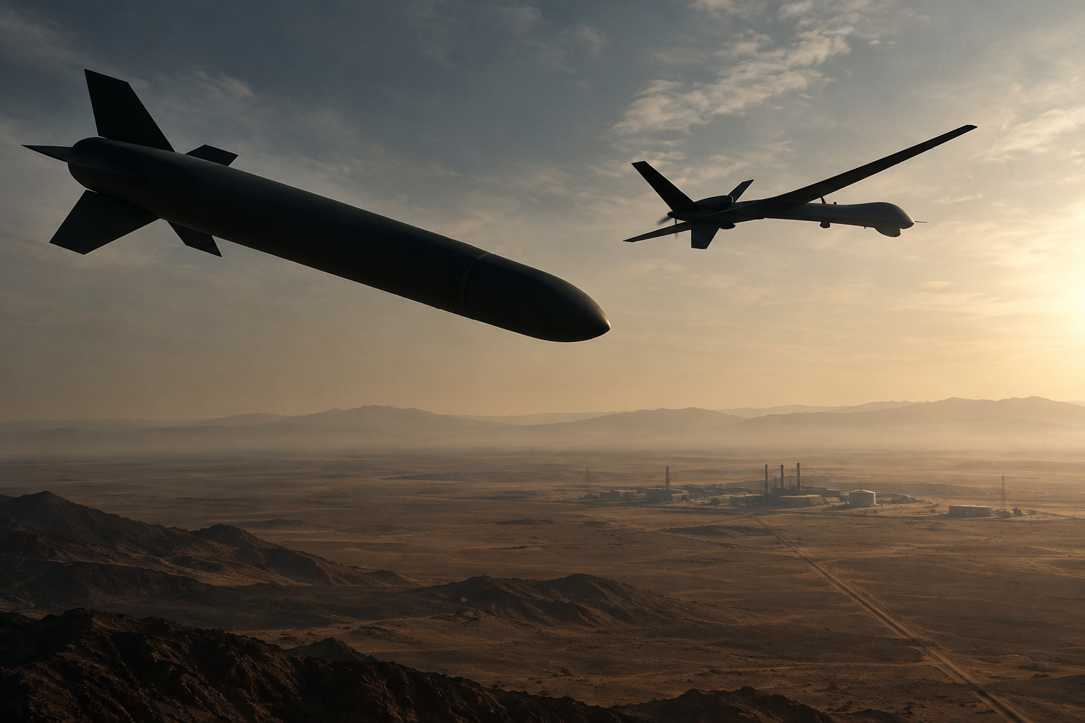Conceptual illustration of aerial threats, including a cruise missile and drone, against a vast, arid landscape under dramatic lighting.