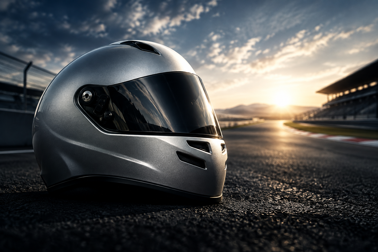 A sleek, silver racing helmet rests on a dark surface, dramatically lit to suggest a high-stakes moment in motorsport.