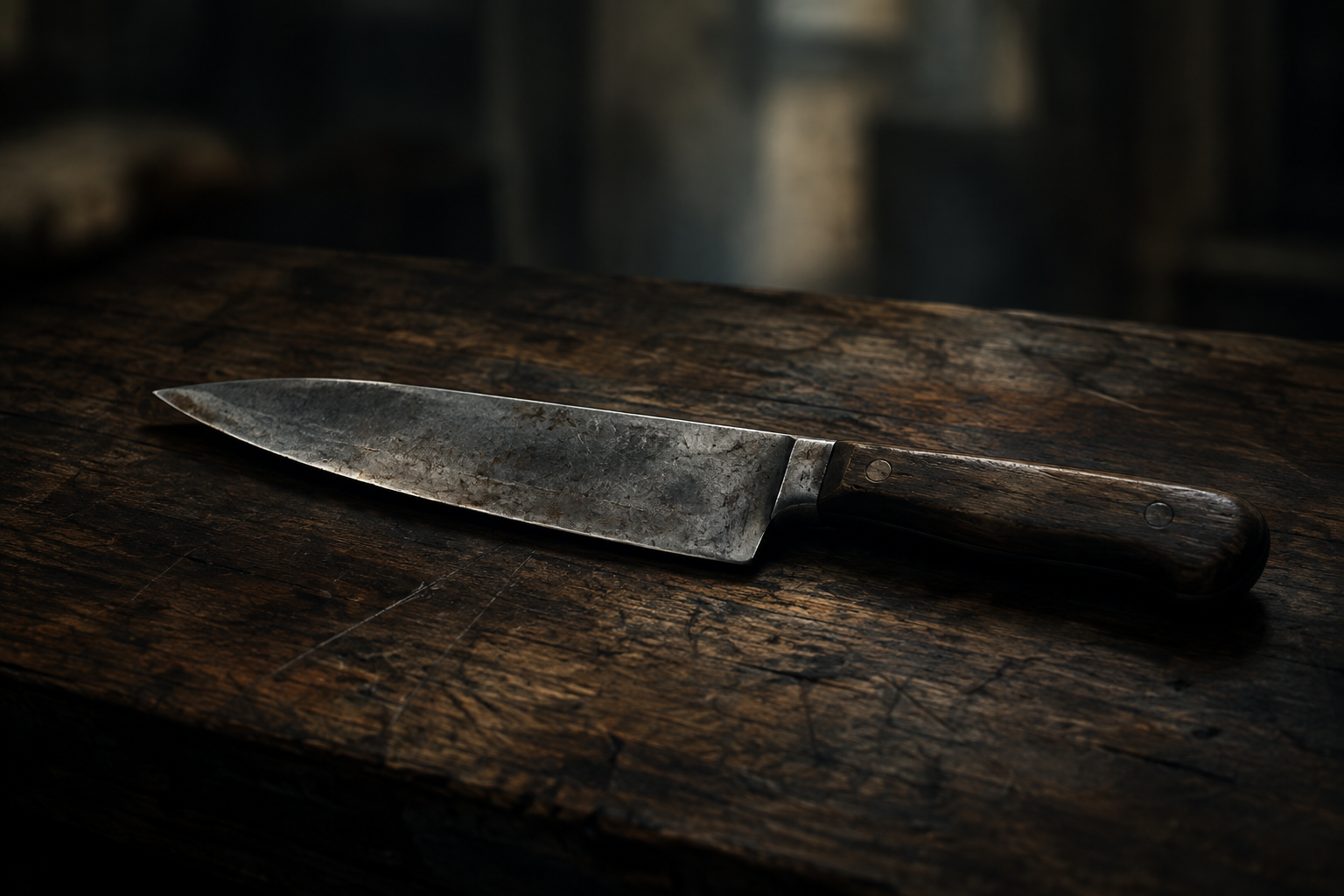A close-up, dramatic illustration of a plain kitchen knife resting on a dark wooden surface, conveying a somber and tense mood.