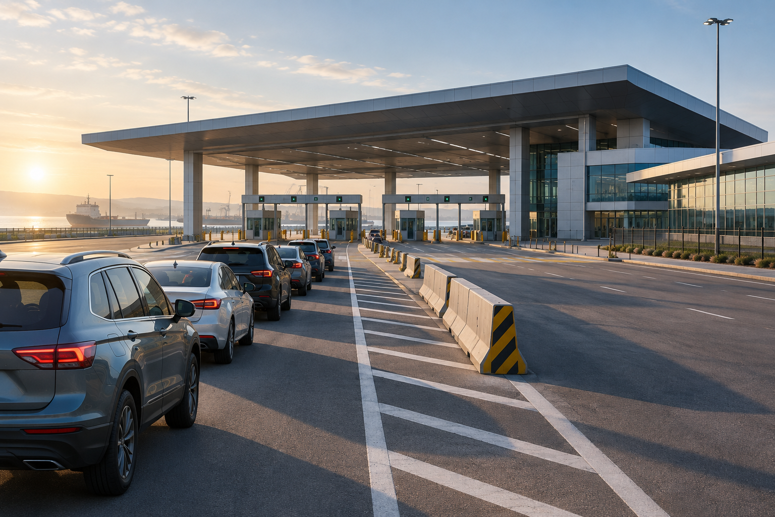 Editorial illustration of a modern port border facility with vehicles queuing in the early morning.
