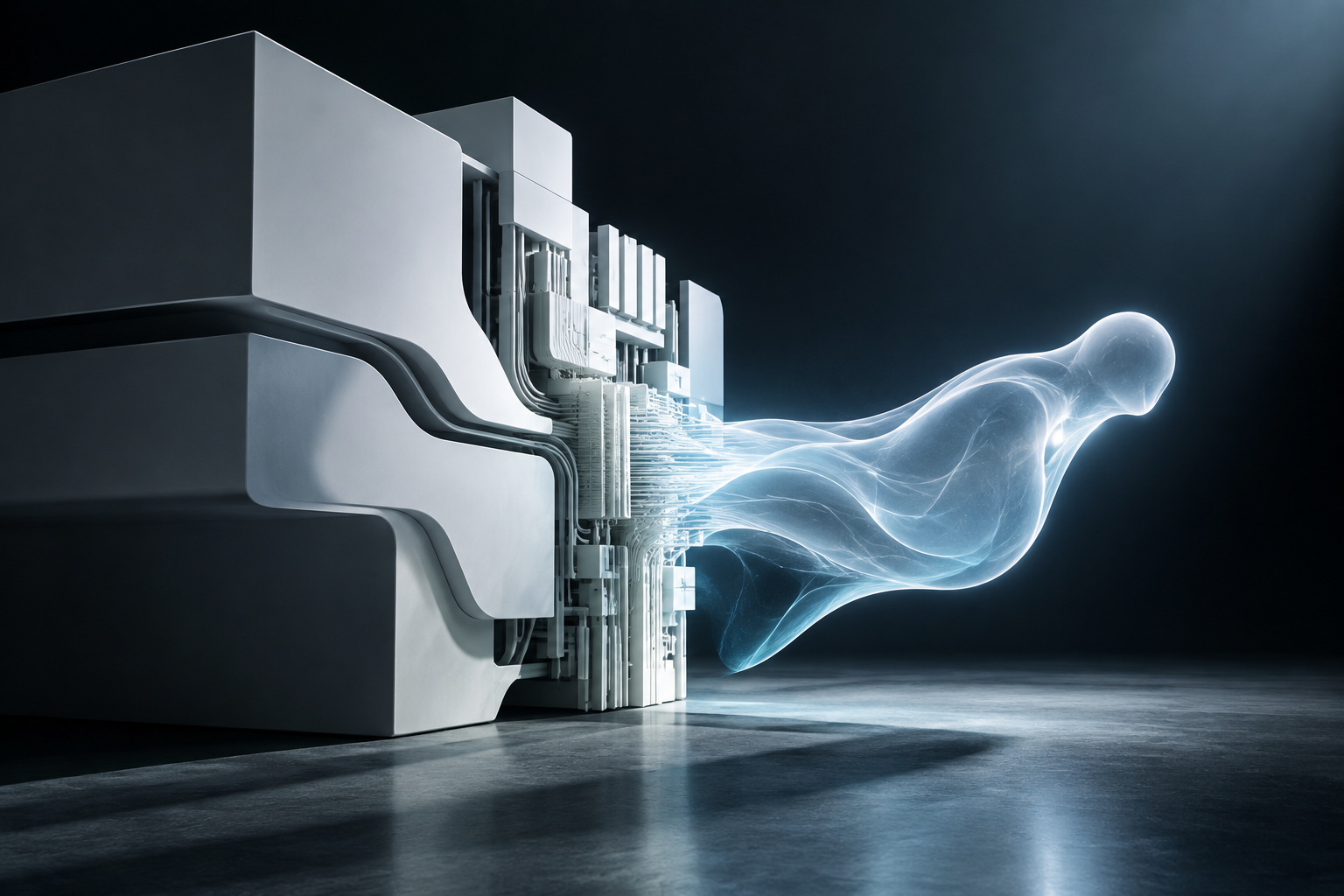 Conceptual illustration depicting the transition from abstract artificial intelligence to a nascent physical form within a minimalist, dramatically lit setting.