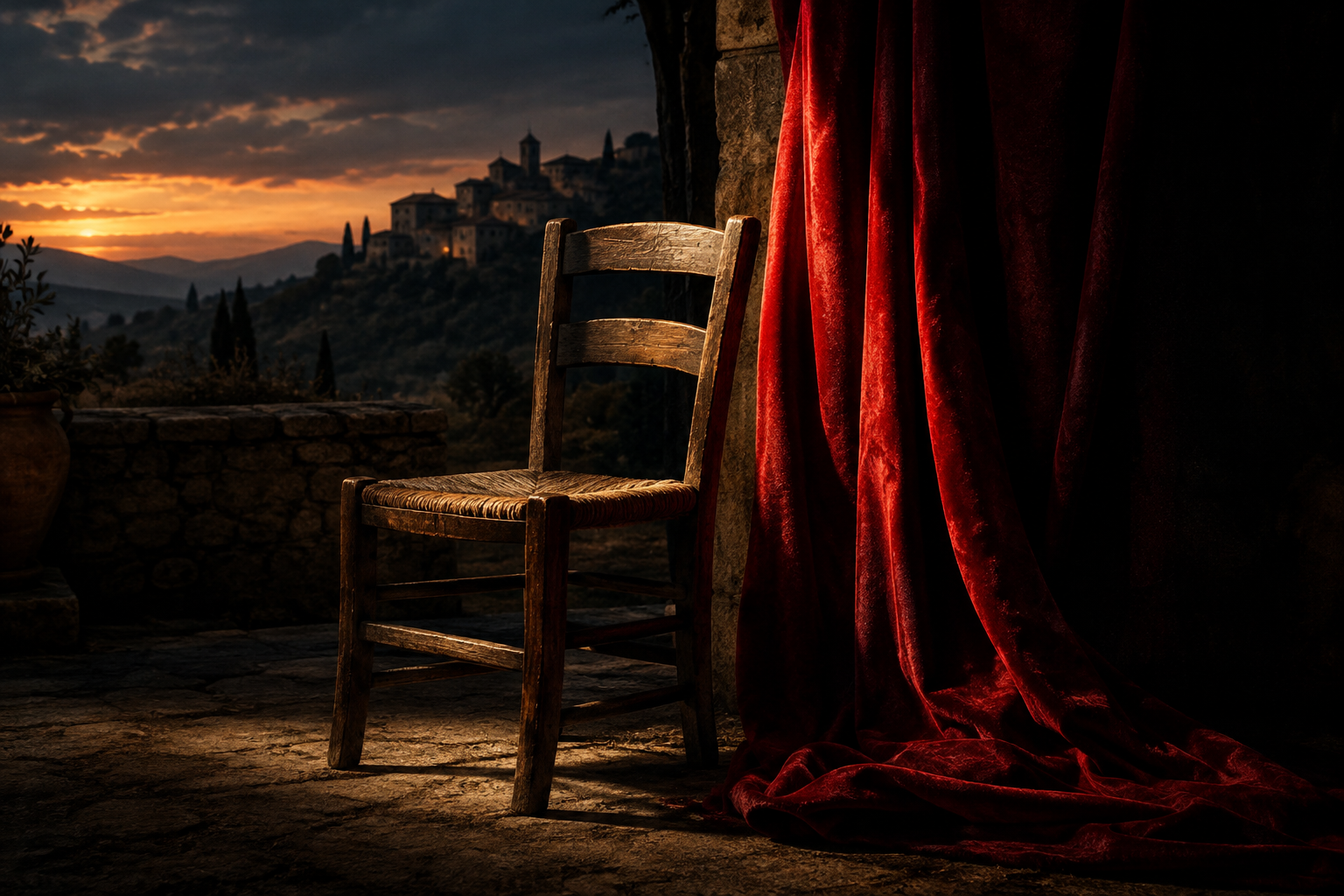 Editorial illustration capturing the dramatic intensity of verismo opera through textured fabrics and moody lighting in an Italian countryside setting.