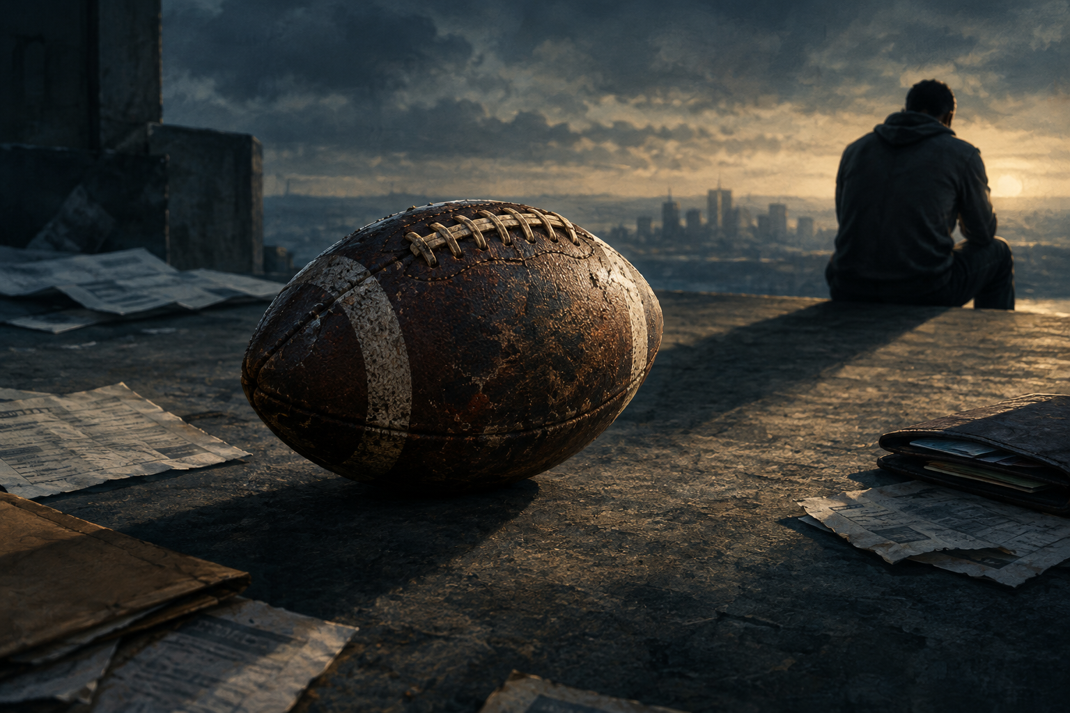 Editorial illustration depicting a football surrounded by symbols of financial strain and psychological stress, emphasizing contemplation and the pressures facing women's football players.