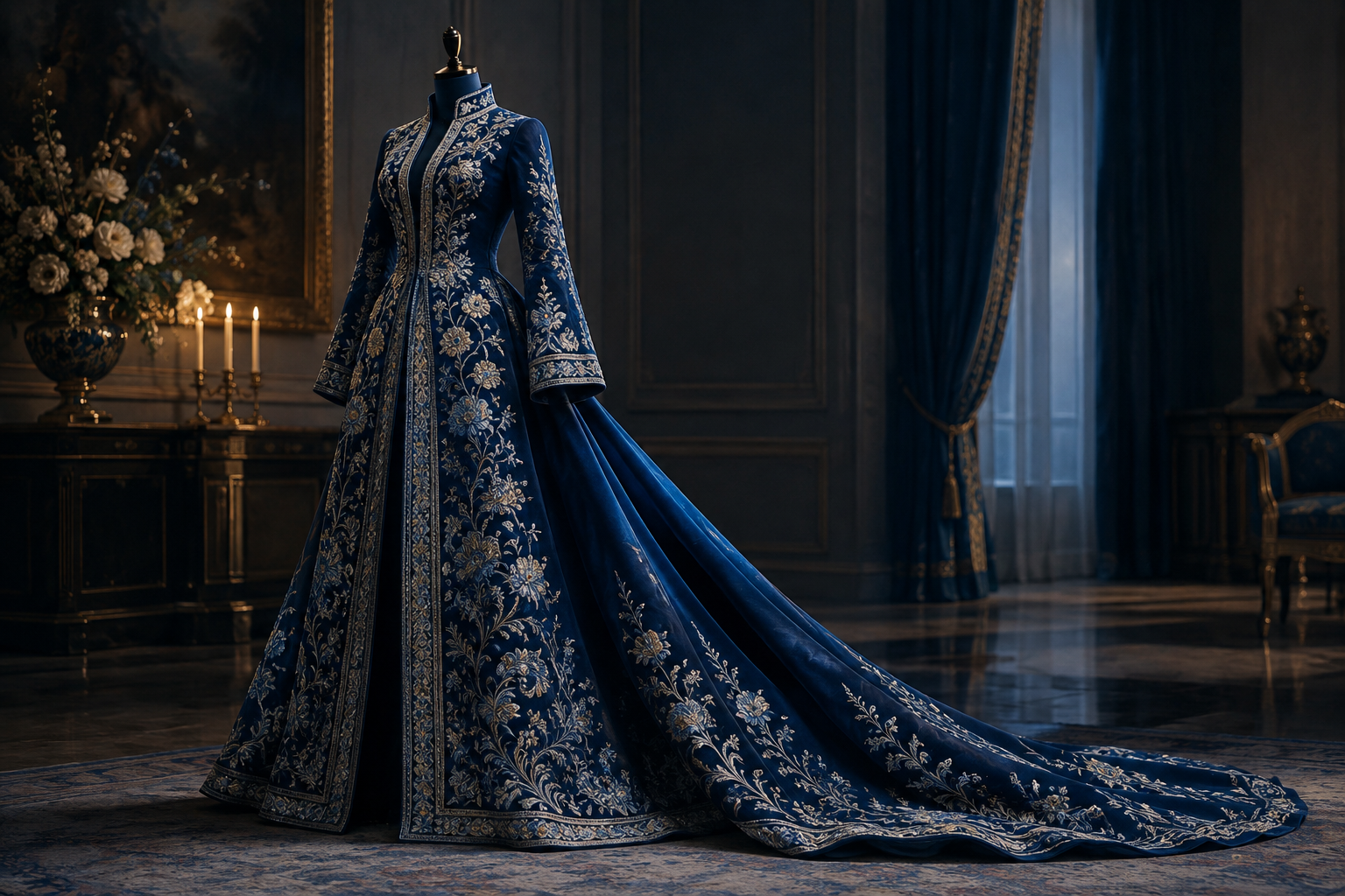 A detailed illustration of a blue embroidered couture garment, emphasizing its intricate texture and formal design.