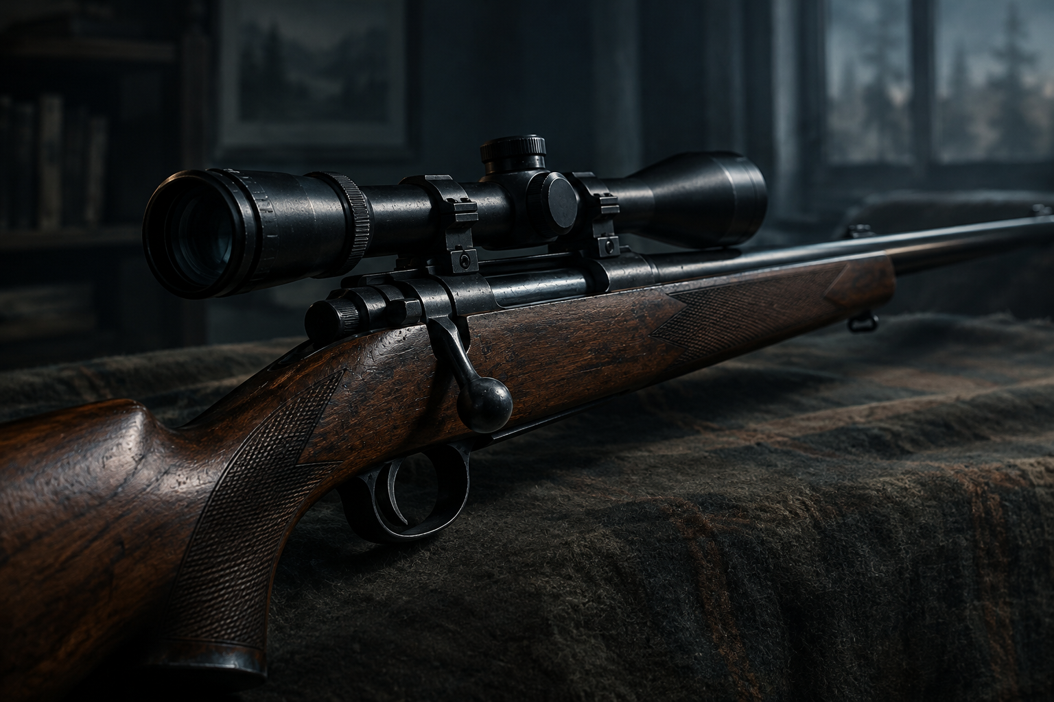 A dramatic, close-up illustration of a heavy hunting rifle resting on a dark surface, emphasizing the object's weight and serious nature.