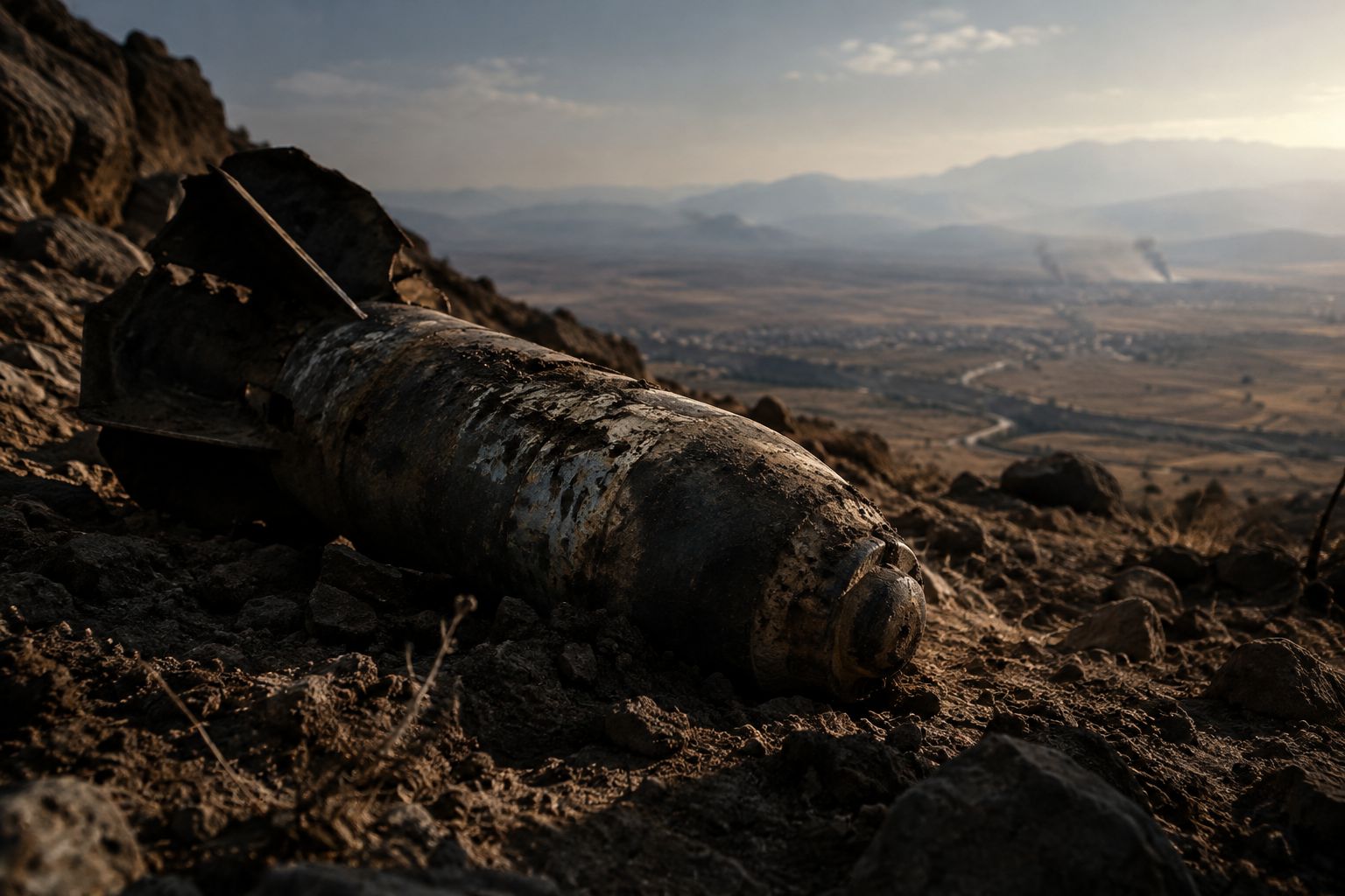 A piece of suspected ordnance rests on dry, rugged earth near a hillside under harsh, dramatic lighting.