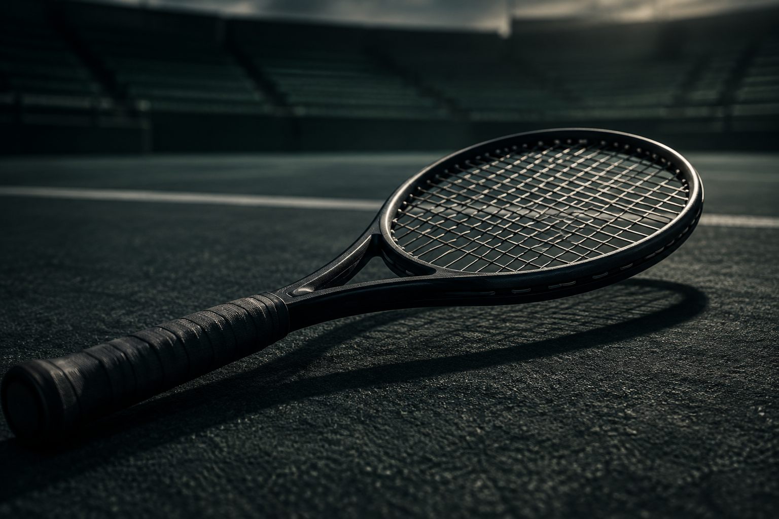 A professional tennis racket rests on a dark court surface with dramatic lighting, suggesting a high-stakes sporting context.