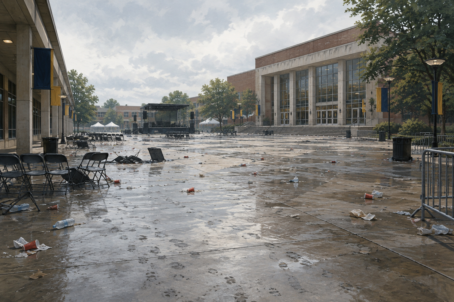 An editorial illustration depicting the expansive, slightly disheveled grounds of a large venue following a record-breaking event, emphasizing the scale of the crowd and the need for improved crowd management.