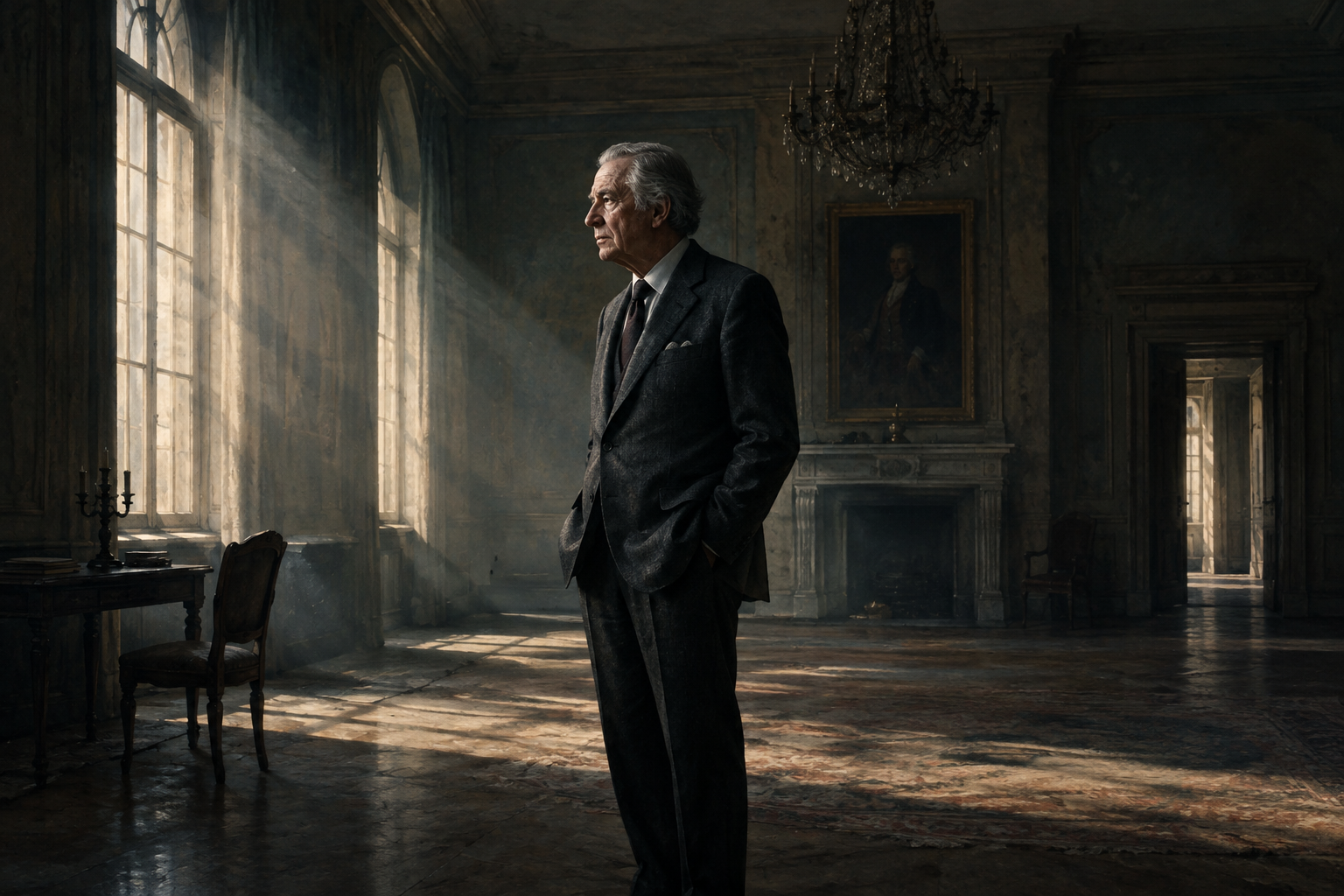 A solitary, distinguished older man in a dark suit stands in a sparsely furnished, grand room, illuminated by dramatic, selective lighting, conveying a sense of forgotten celebrity.