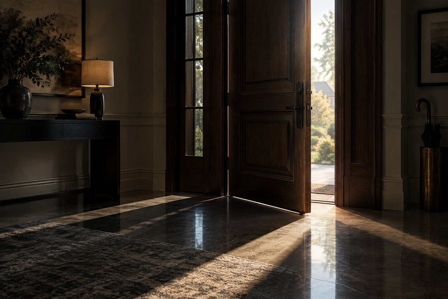 A dramatic, wide-screen editorial illustration focusing on a closed, heavy wooden door in a modern residence, illuminated by strong, directional light.