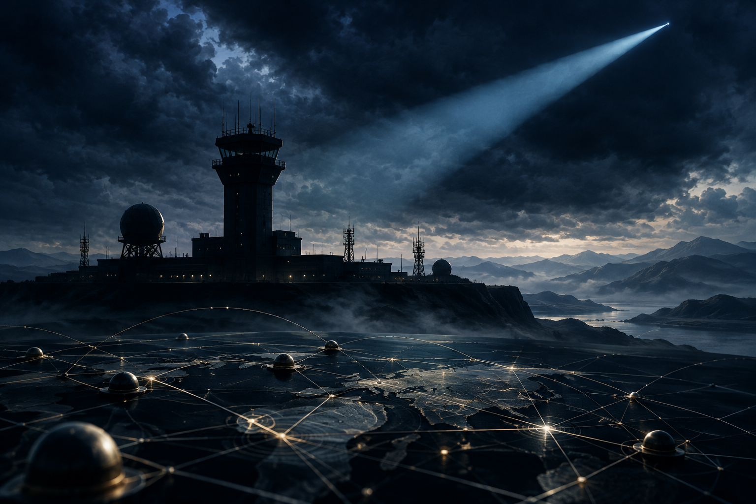 Conceptual illustration depicting geopolitical tension with a stylized military airbase silhouette under a turbulent sky.