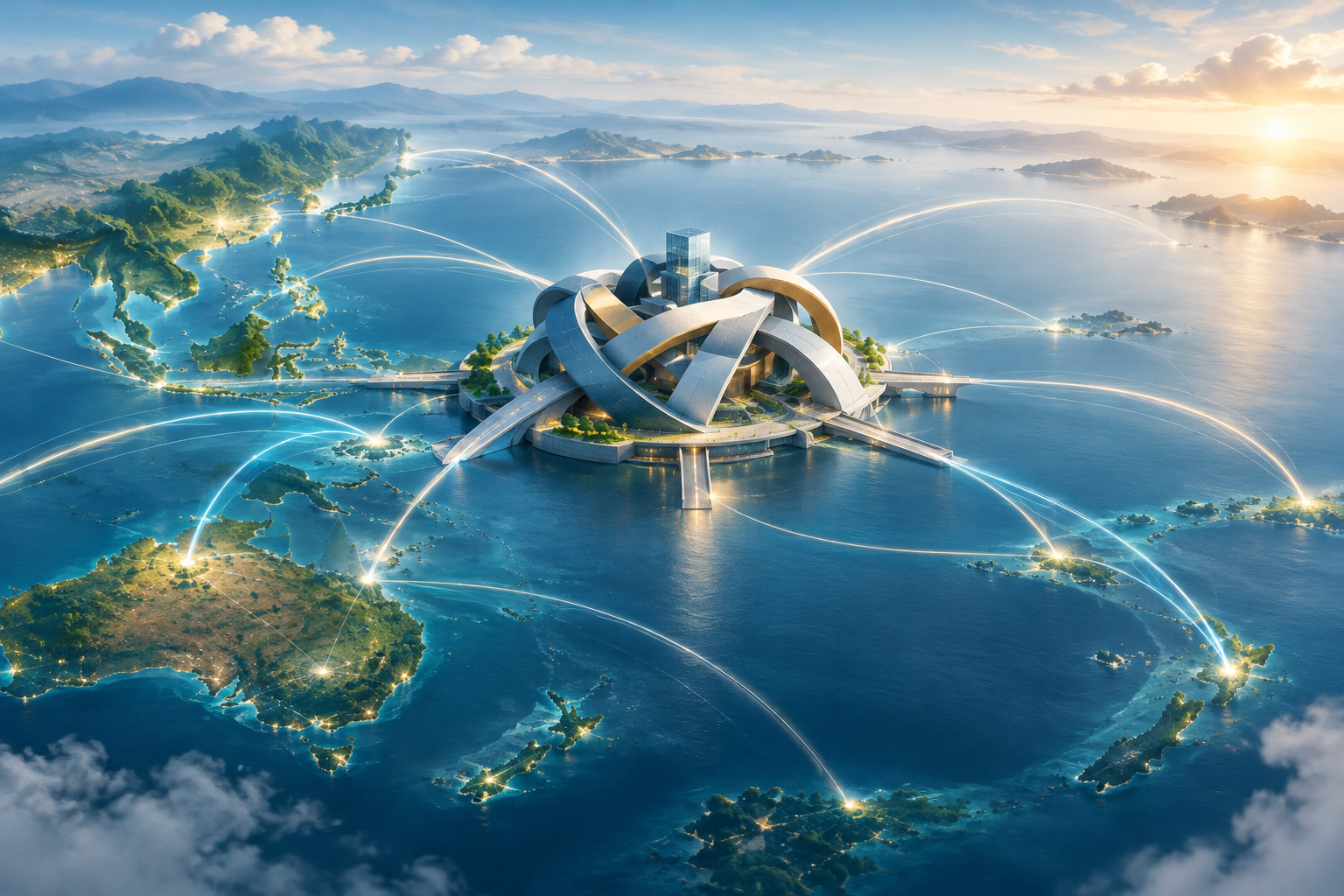 Abstract illustration of a regional institutional hub connected by flowing lines of light, symbolizing soft connectivity across the Asia-Pacific.