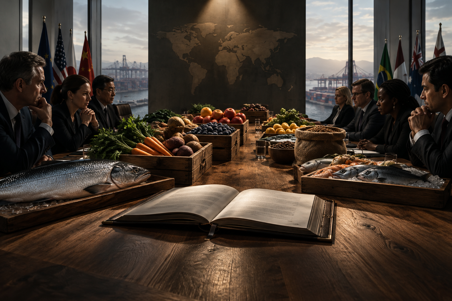 Editorial illustration depicting complex international trade negotiations through the arrangement of raw agricultural goods on a large conference table.