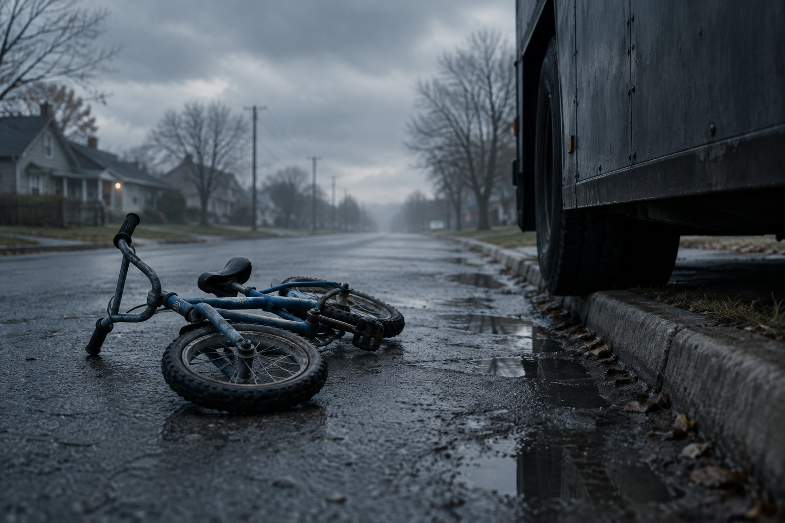 A somber editorial illustration of a bicycle resting on a quiet, damp residential street near a large vehicle, emphasizing the scale of a tragic event.