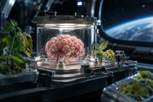 Editorial illustration depicting scientific study of human brain models and plant health in a microgravity research setting.