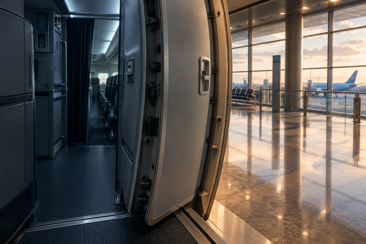 Editorial illustration depicting the interior and exterior boundary of an aircraft at an airport, conveying a sense of official incident.