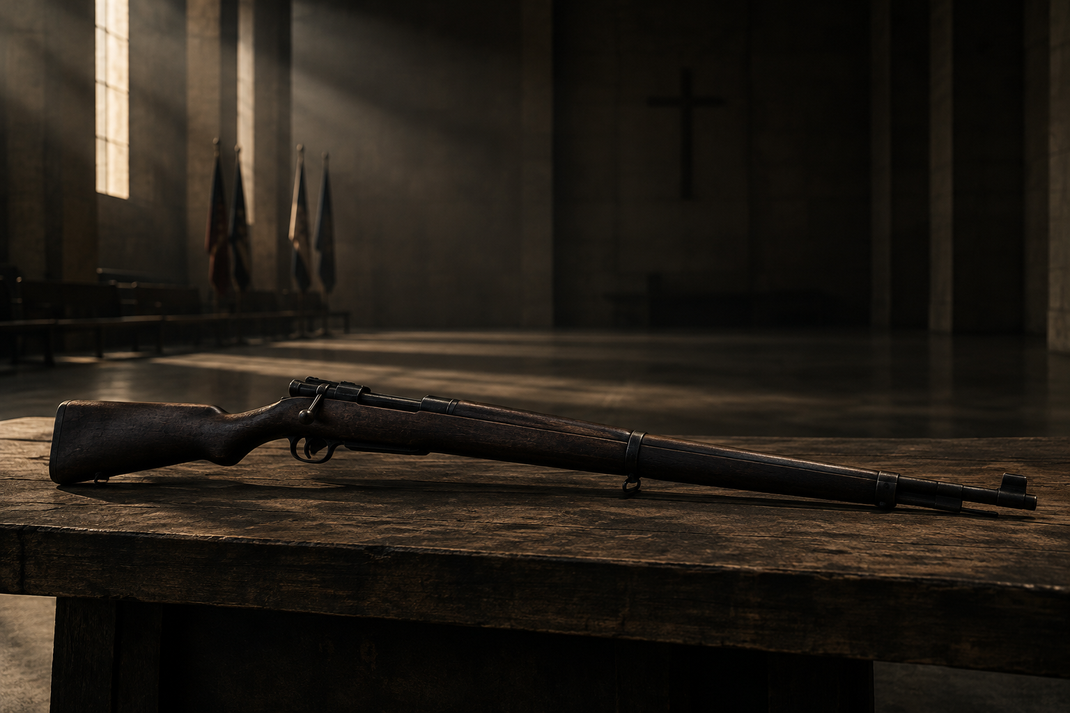 A solitary, heavy military rifle rests on a dark wooden surface within a somber, dimly lit interior, emphasizing solemnity and contemplation.