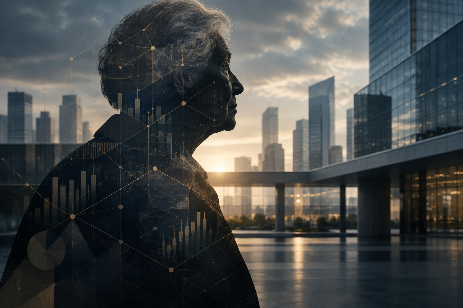 Editorial illustration symbolizing the intersection of aging populations and business challenges in Asia.