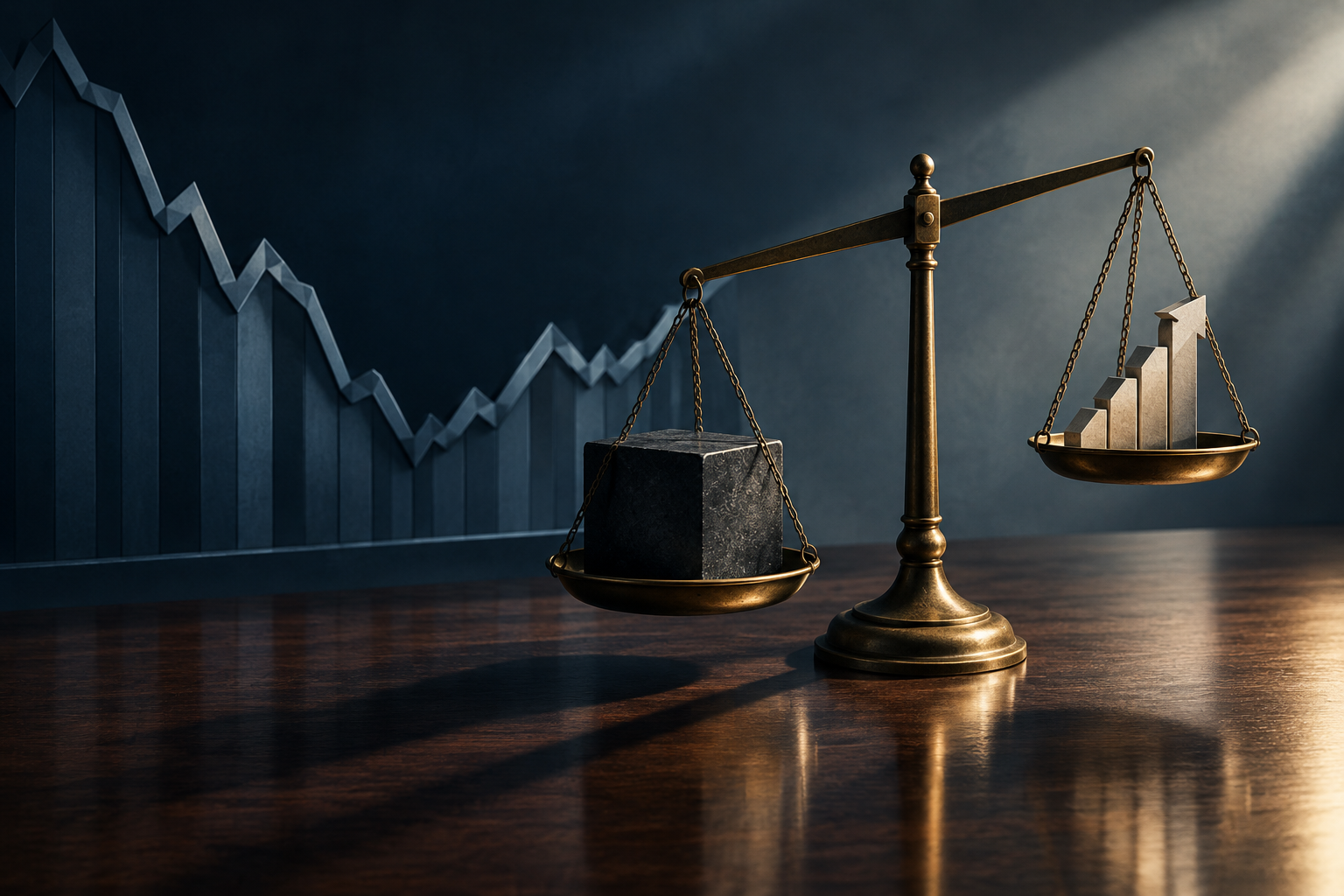 An abstract editorial illustration depicting a financial scale balancing high and low yield projections on a dark, polished surface.