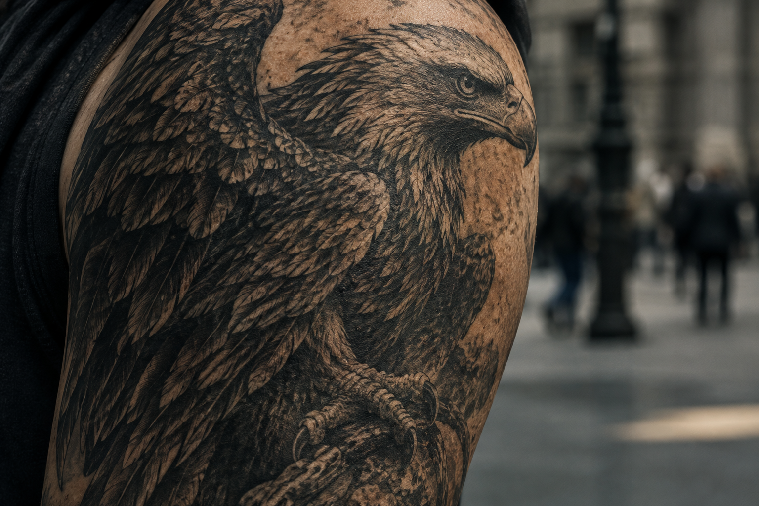 An editorial illustration focusing on a detailed, aged eagle tattoo on skin, captured with dramatic lighting in a public setting.